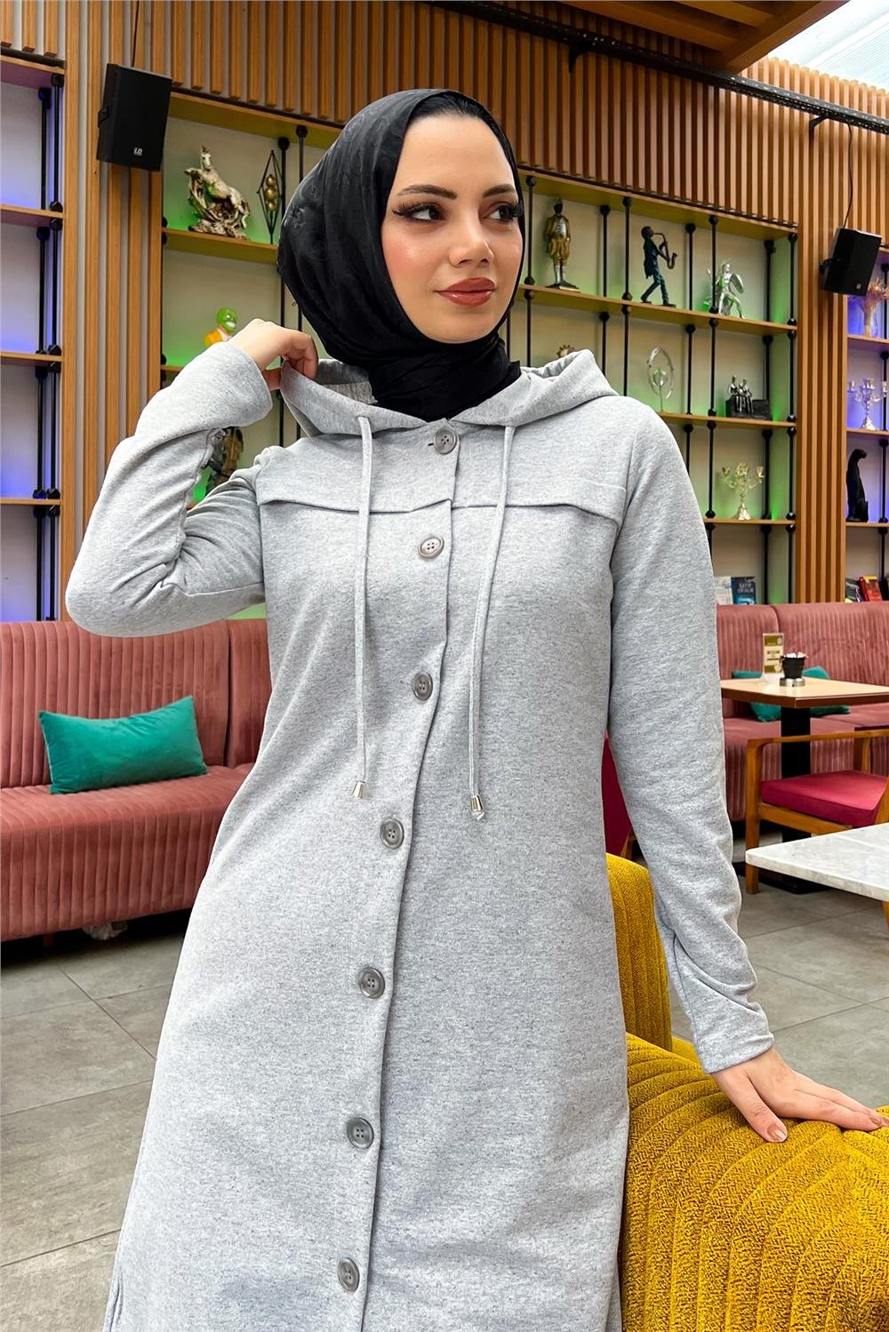 Kapşonlu Düğmeli Sade Basic Uzun Tunik ve Pantolon İkili Spor Takım - 03072 - Gri