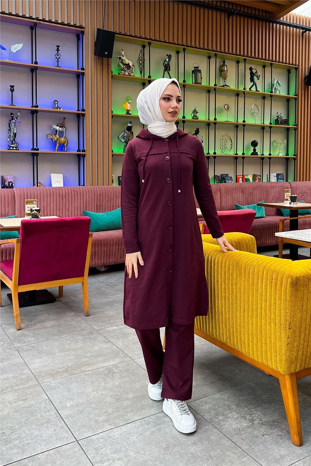 Kapşonlu Düğmeli Sade Basic Uzun Tunik ve Pantolon İkili Spor Takım - 03072 - Mürdüm