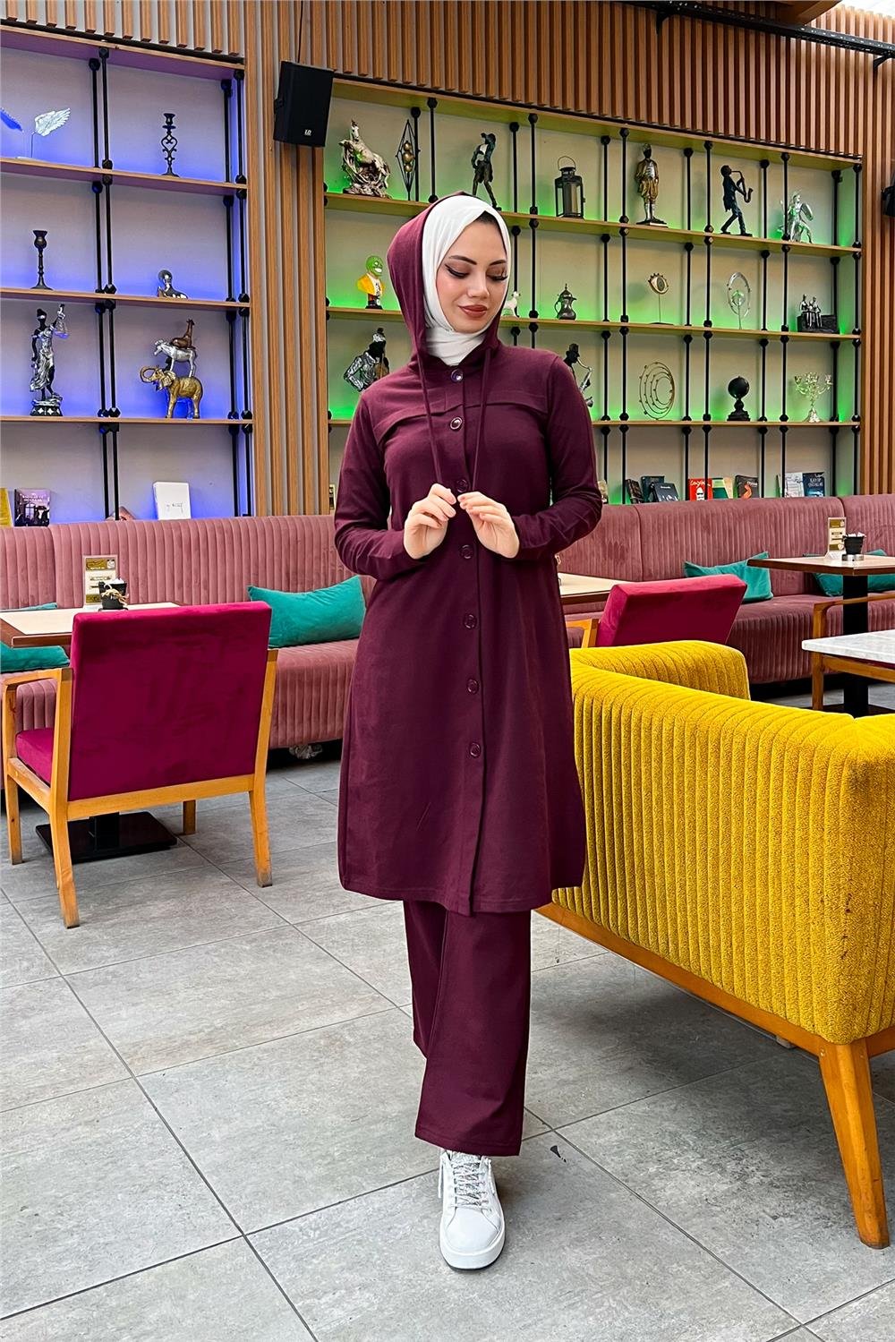 Kapşonlu Düğmeli Sade Basic Uzun Tunik ve Pantolon İkili Spor Takım - 03072 - Mürdüm