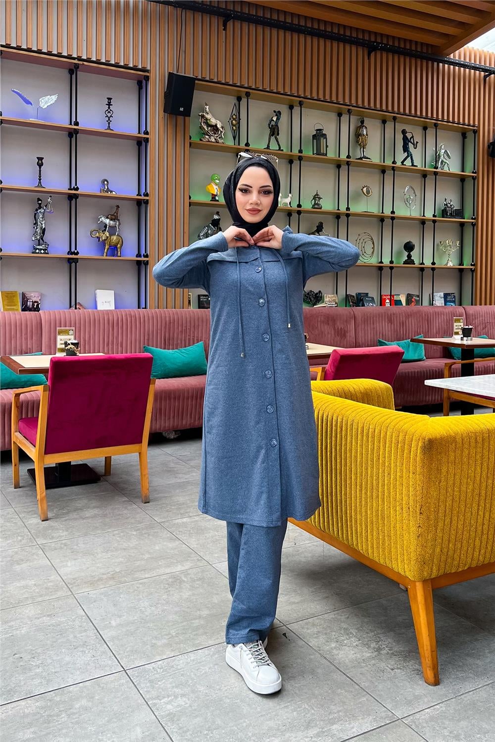 Kapşonlu Düğmeli Sade Basic Uzun Tunik ve Pantolon İkili Spor Takım - 03072 - İndigo