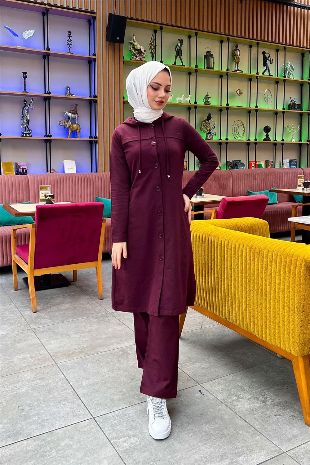 Kapşonlu Düğmeli Sade Basic Uzun Tunik ve Pantolon İkili Spor Takım - 03072 - Mürdüm
