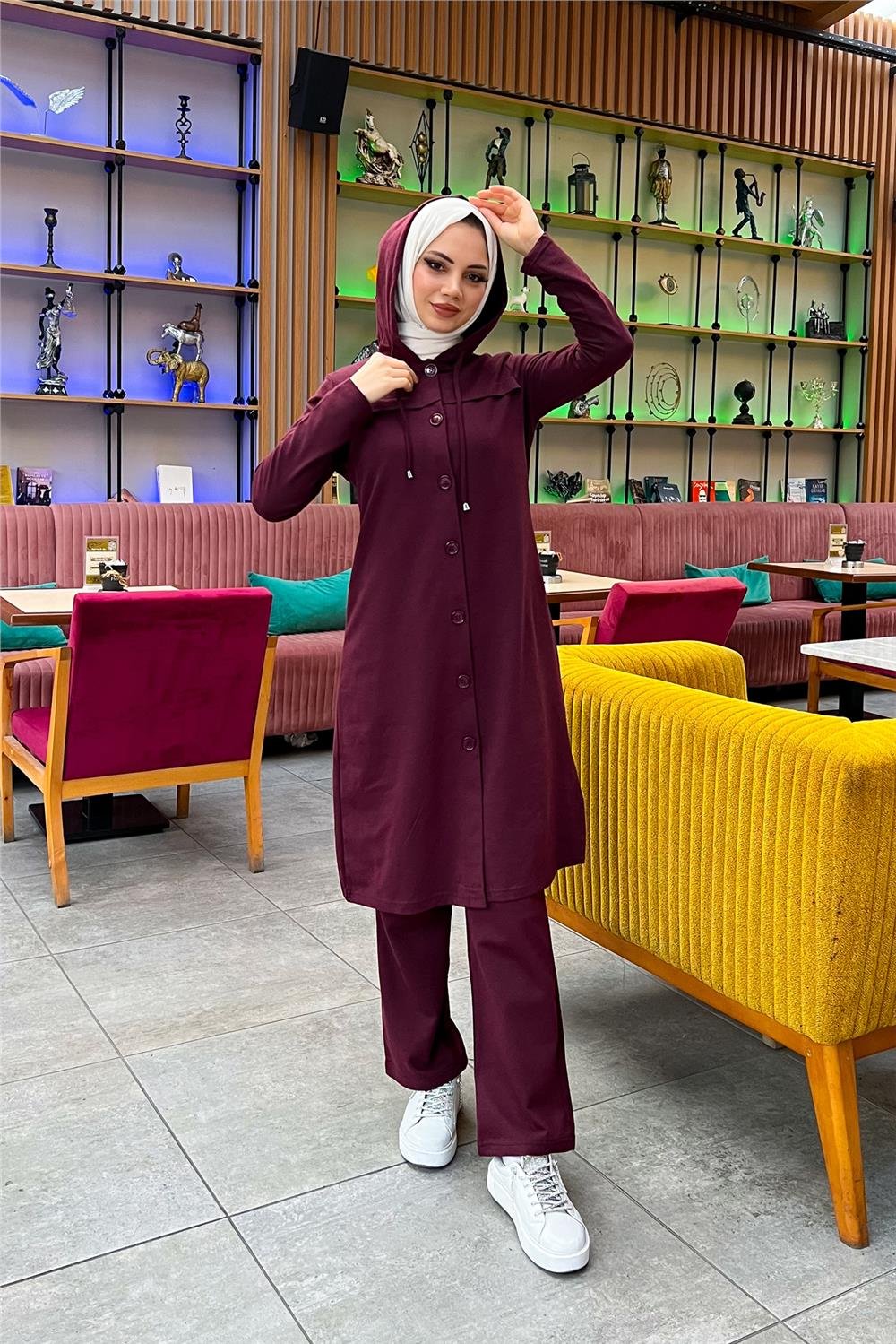 Kapşonlu Düğmeli Sade Basic Uzun Tunik ve Pantolon İkili Spor Takım - 03072 - Mürdüm