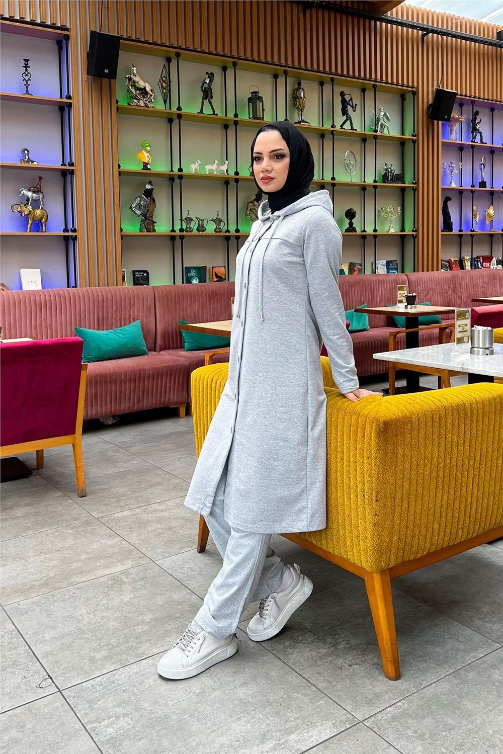 Kapşonlu Düğmeli Sade Basic Uzun Tunik ve Pantolon İkili Spor Takım - 03072 - Gri