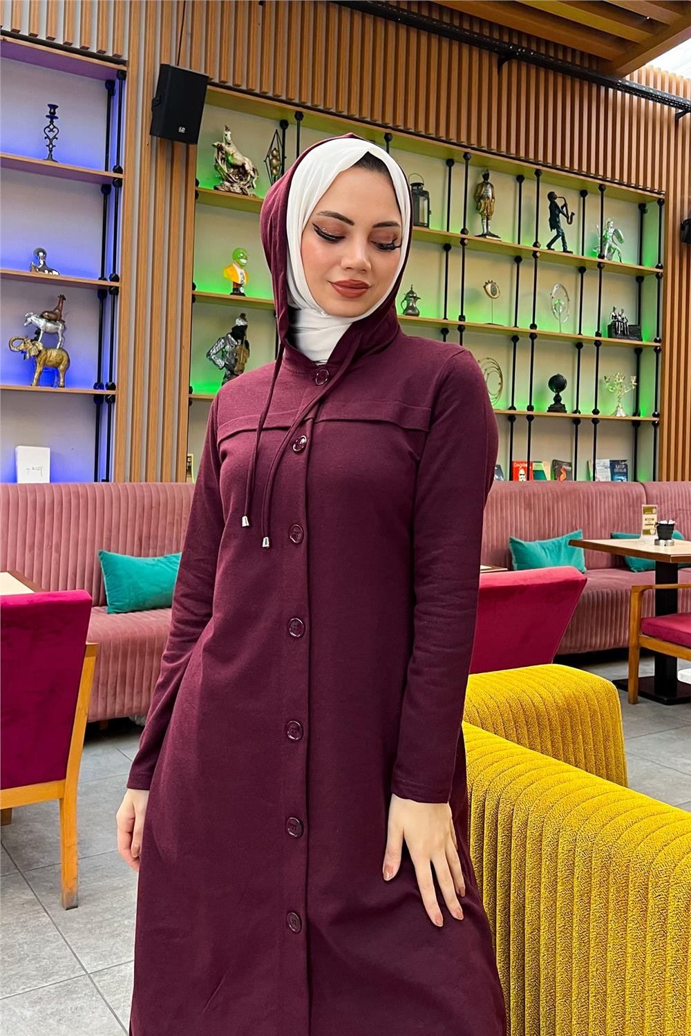 Kapşonlu Düğmeli Sade Basic Uzun Tunik ve Pantolon İkili Spor Takım - 03072 - Mürdüm