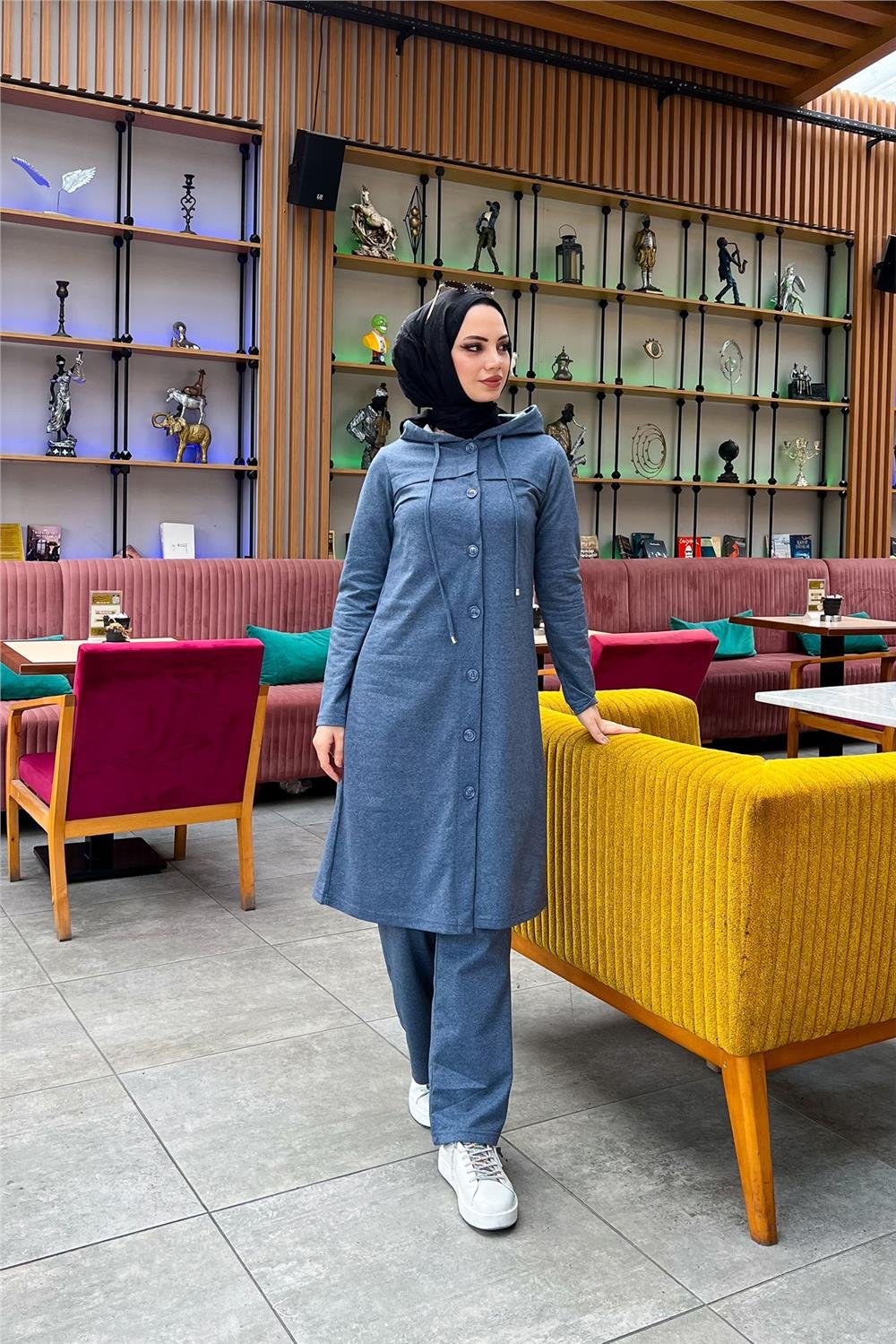 Kapşonlu Düğmeli Sade Basic Uzun Tunik ve Pantolon İkili Spor Takım - 03072 - İndigo