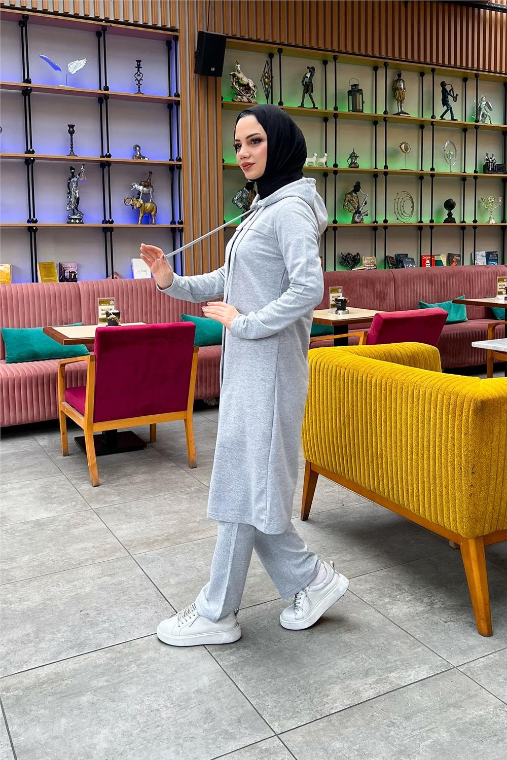 Kapşonlu Düğmeli Sade Basic Uzun Tunik ve Pantolon İkili Spor Takım - 03072 - Gri
