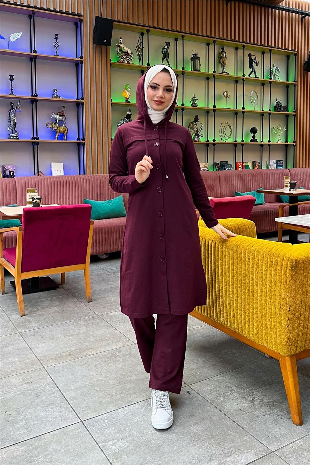 Kapşonlu Düğmeli Sade Basic Uzun Tunik ve Pantolon İkili Spor Takım - 03072 - Mürdüm