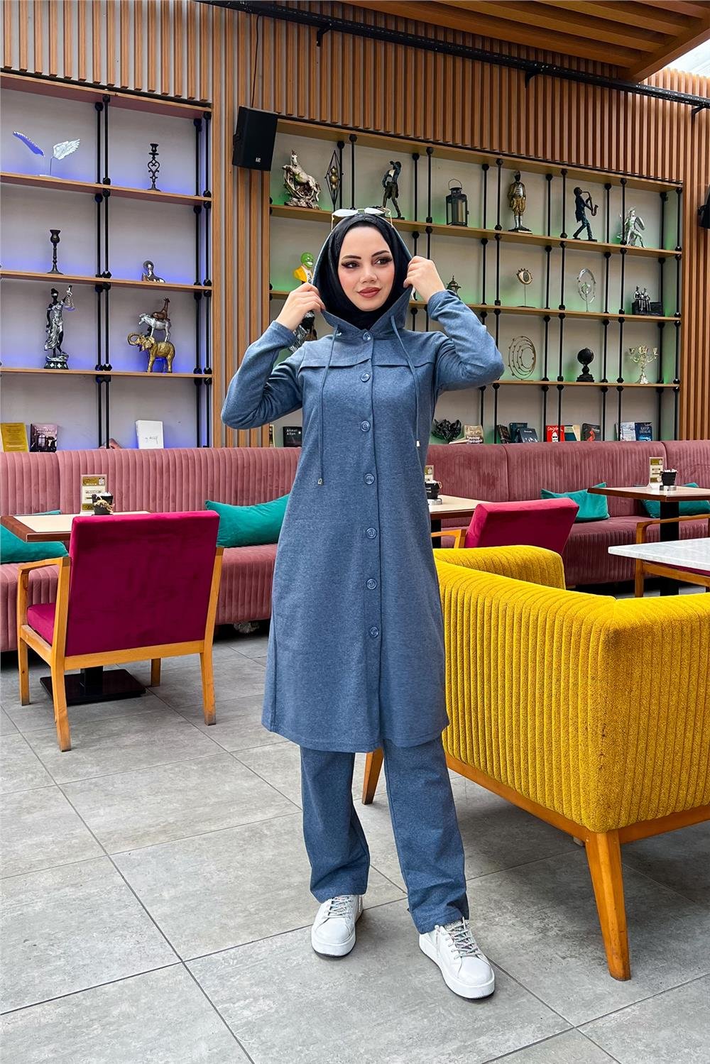 Kapşonlu Düğmeli Sade Basic Uzun Tunik ve Pantolon İkili Spor Takım - 03072 - İndigo