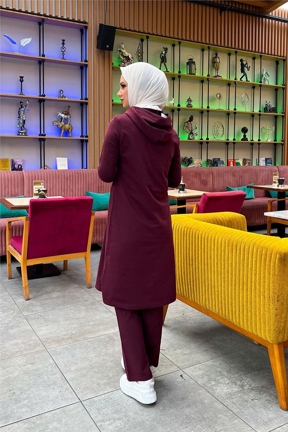 Kapşonlu Düğmeli Sade Basic Uzun Tunik ve Pantolon İkili Spor Takım - 03072 - Mürdüm