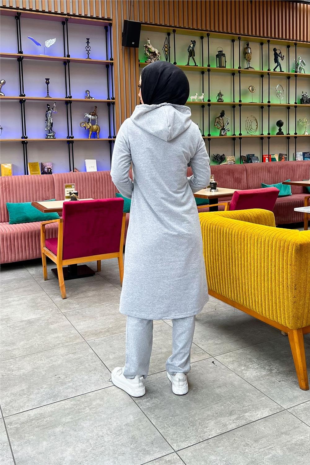 Kapşonlu Düğmeli Sade Basic Uzun Tunik ve Pantolon İkili Spor Takım - 03072 - Gri