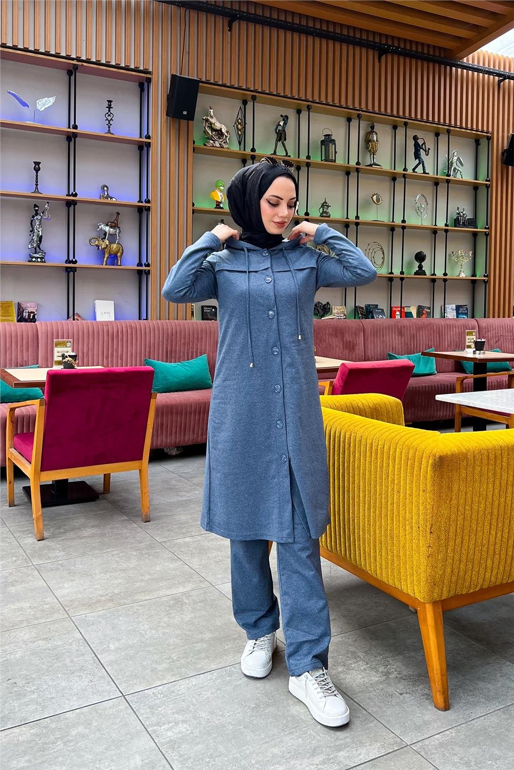 Kapşonlu Düğmeli Sade Basic Uzun Tunik ve Pantolon İkili Spor Takım - 03072 - İndigo