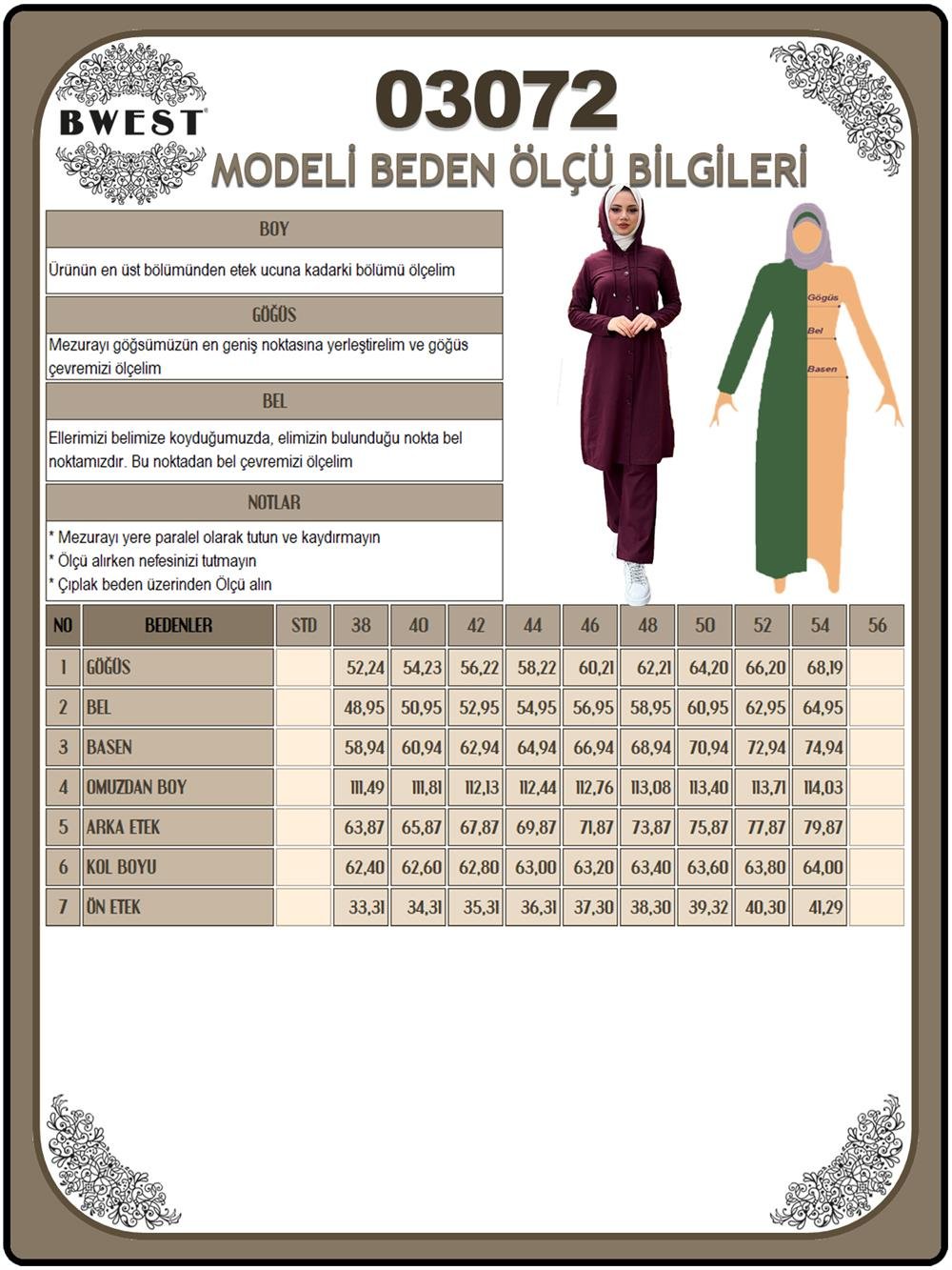 Kapşonlu Düğmeli Sade Basic Uzun Tunik ve Pantolon İkili Spor Takım - 03072 - Mürdüm