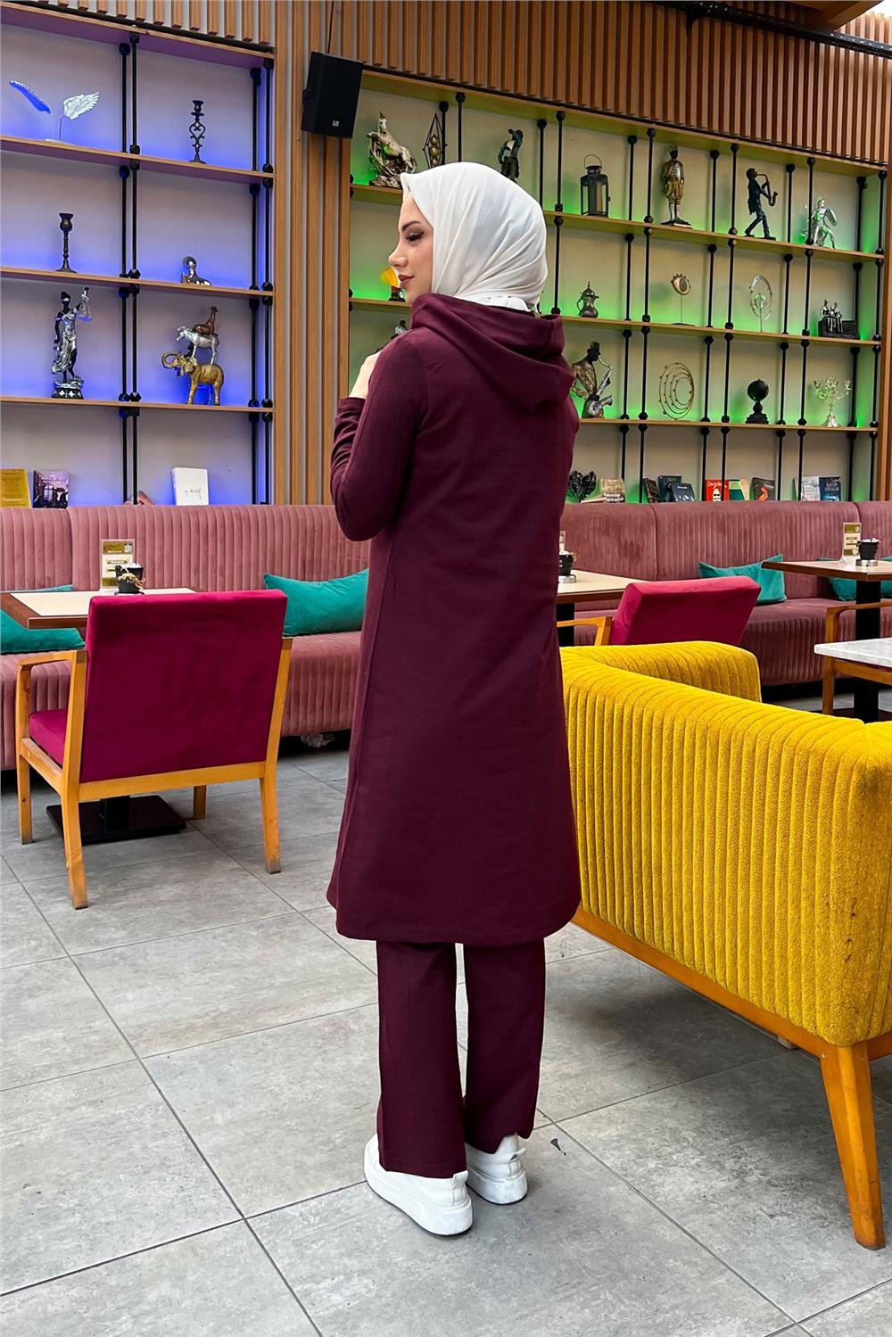 Kapşonlu Düğmeli Sade Basic Uzun Tunik ve Pantolon İkili Spor Takım - 03072 - Mürdüm