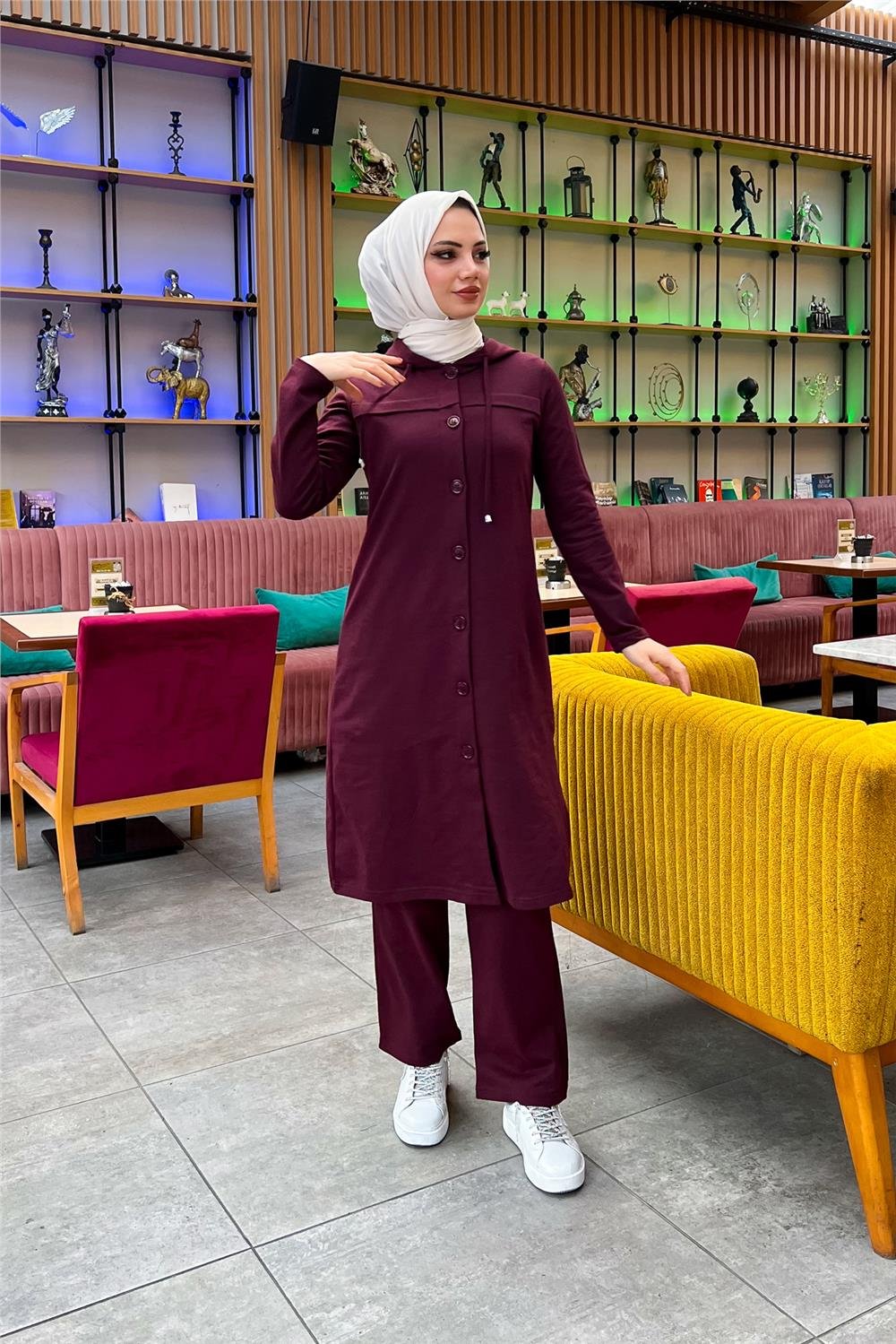 Kapşonlu Düğmeli Sade Basic Uzun Tunik ve Pantolon İkili Spor Takım - 03072 - Mürdüm
