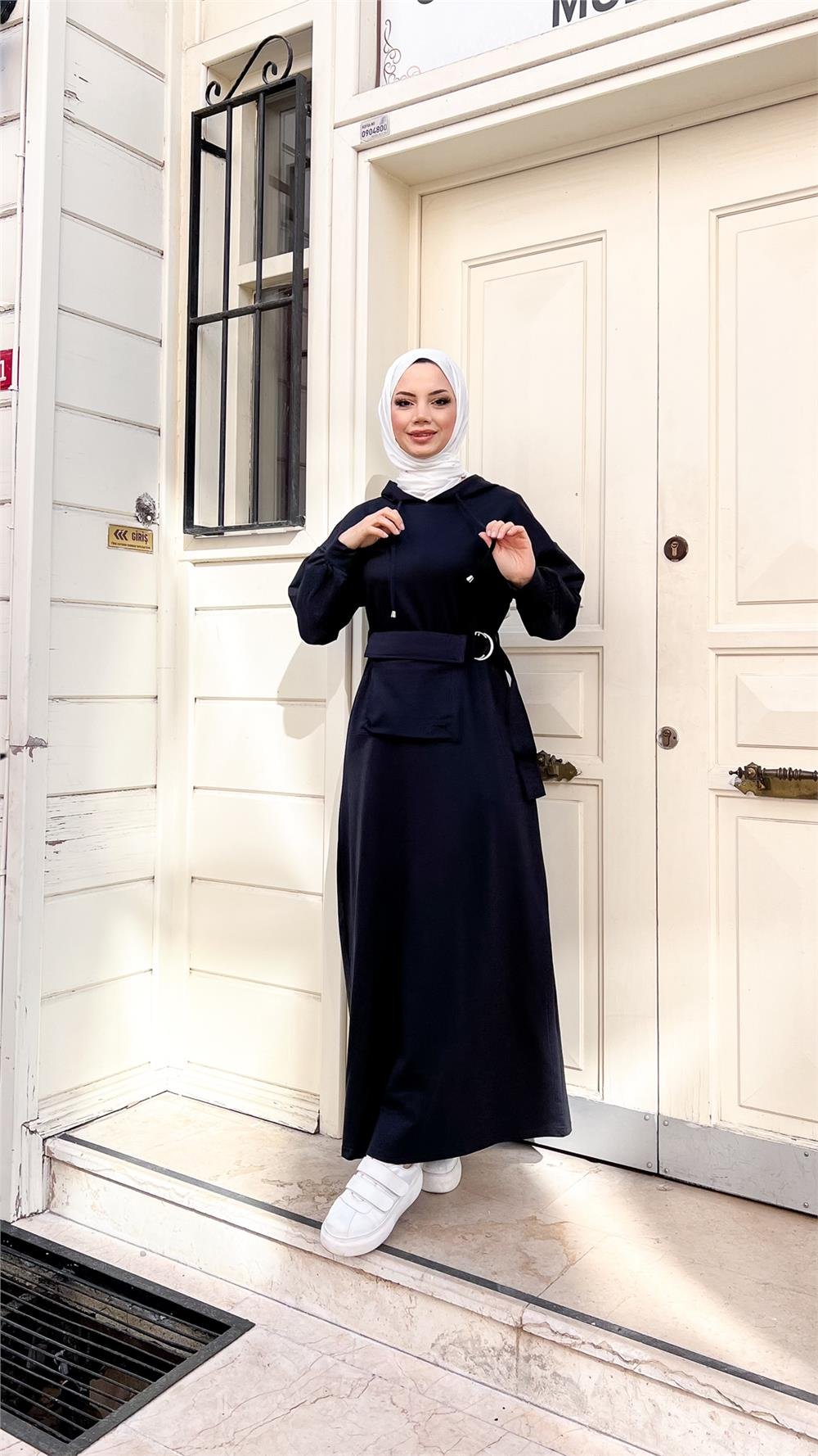 Kapşonlu Seyyar Cepli Pamuklu Elbise - 71169 - Lacivert