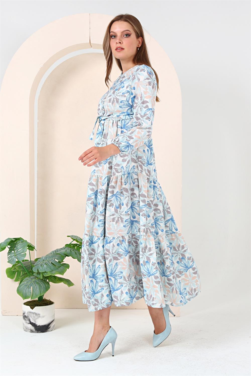 Karışık Çiçek Desenli Elbise Saks