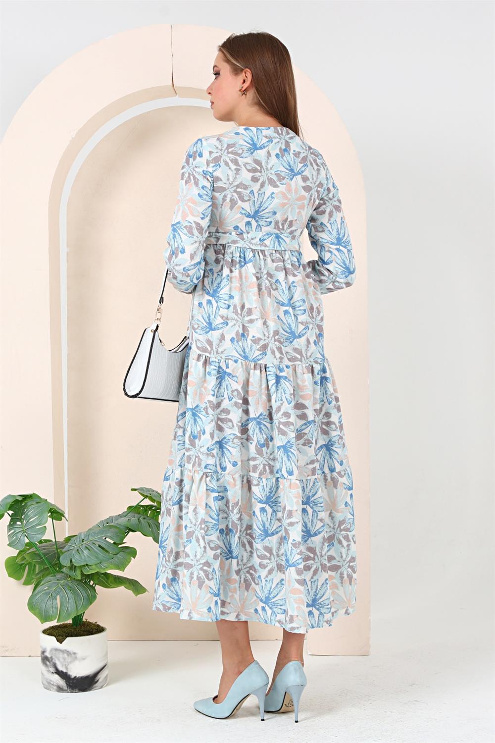 Karışık Çiçek Desenli Elbise Saks