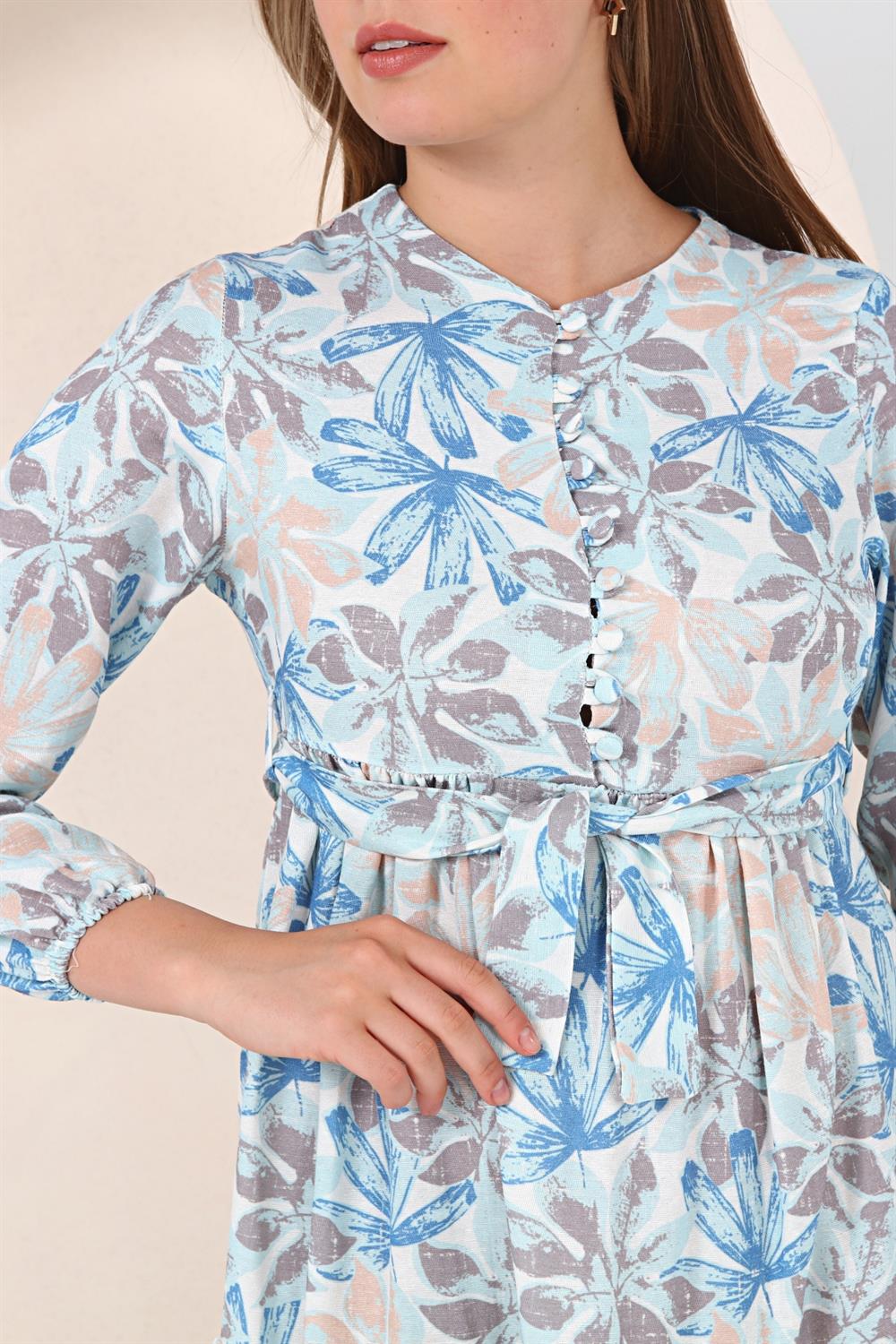 Karışık Çiçek Desenli Elbise Saks