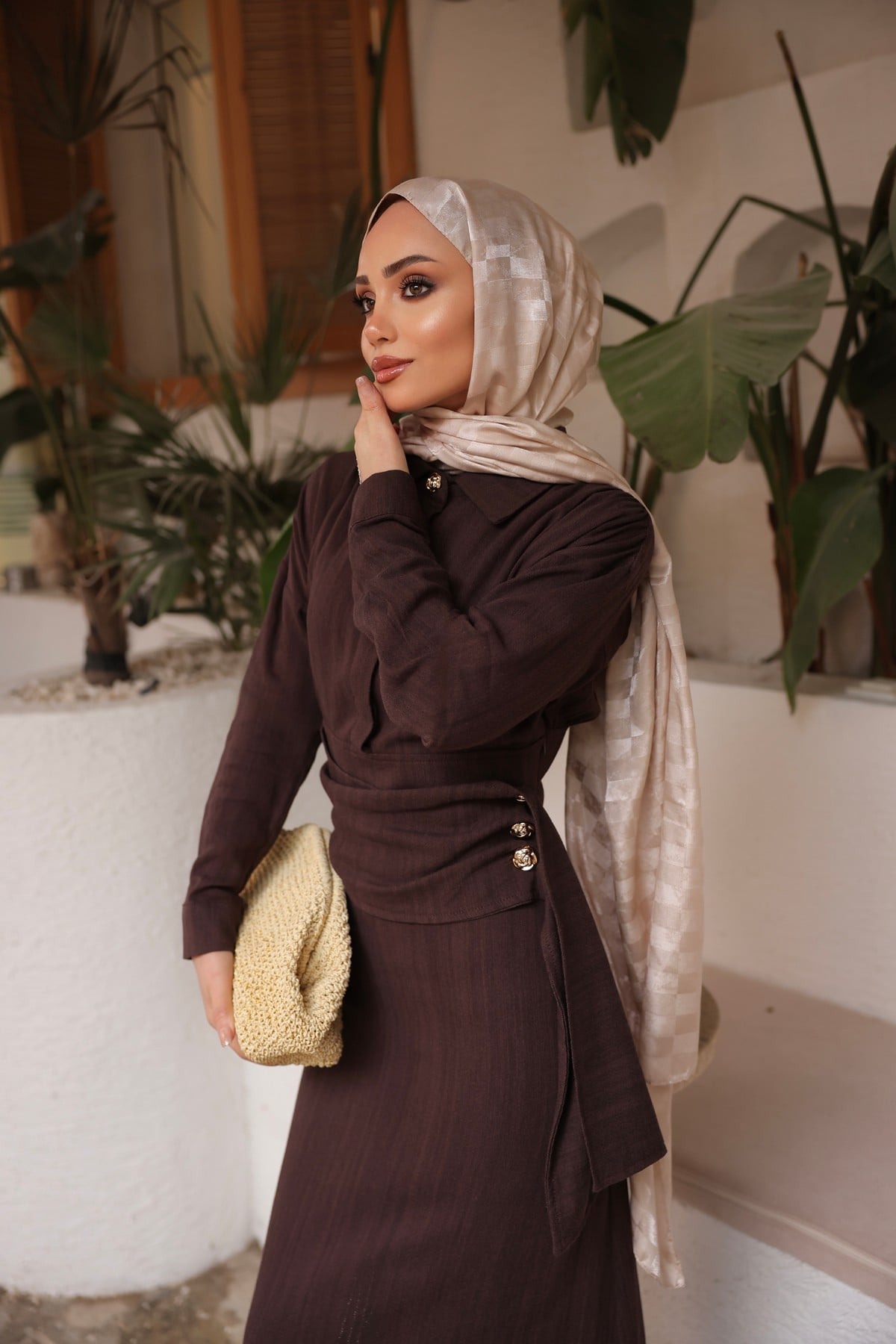 KETEN ELBİSE - KAHVERENGİ