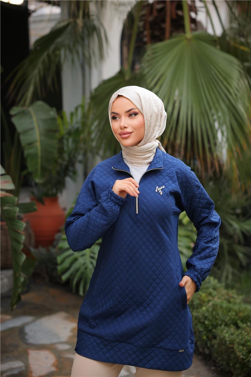 Kısa Fermuarlı Yaka Kapitone Şık Spor Sweat - 71227.006 - İndigo