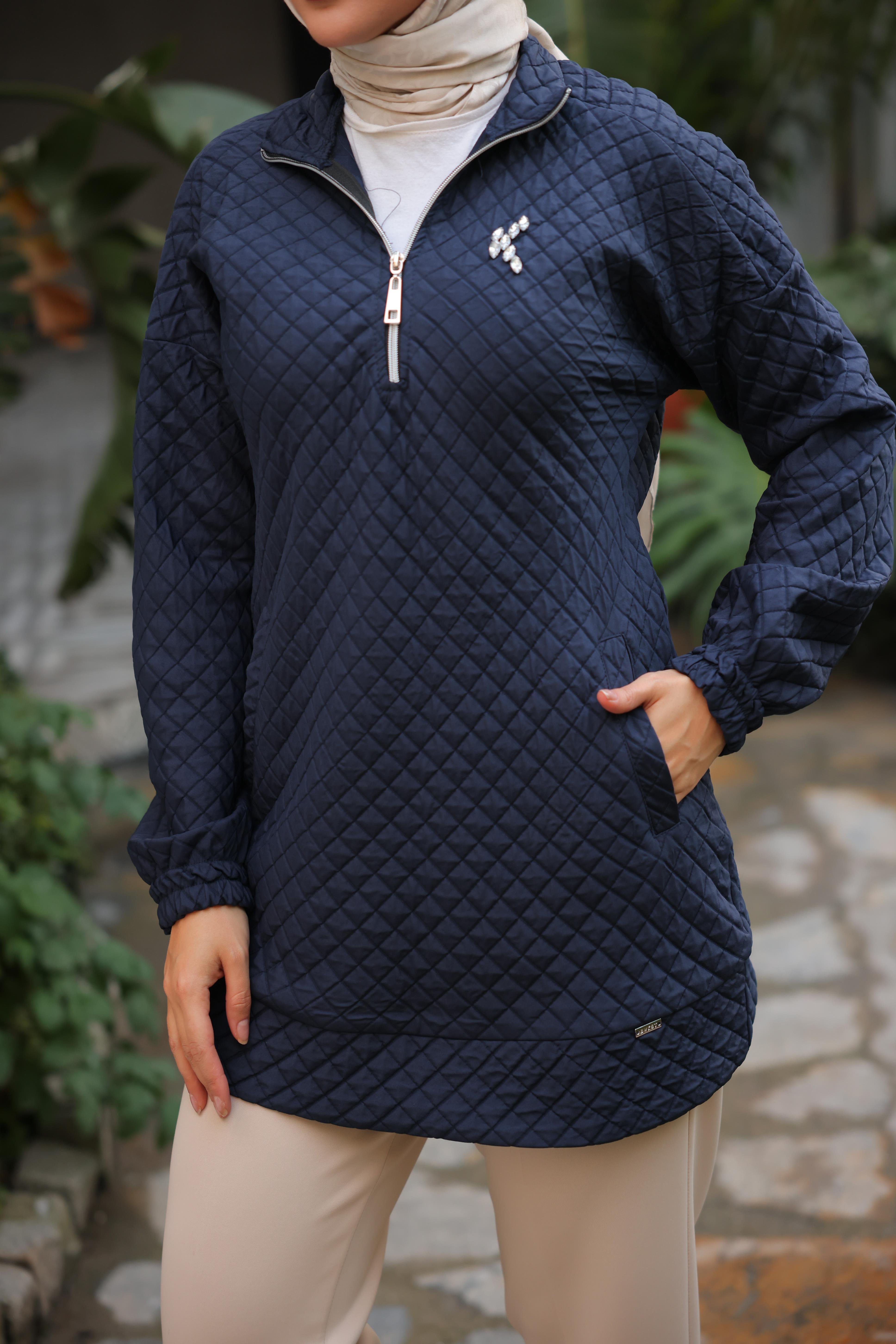 Kısa Fermuarlı Yaka Kapitone Şık Spor Sweat - 71227.015 - Lacivert