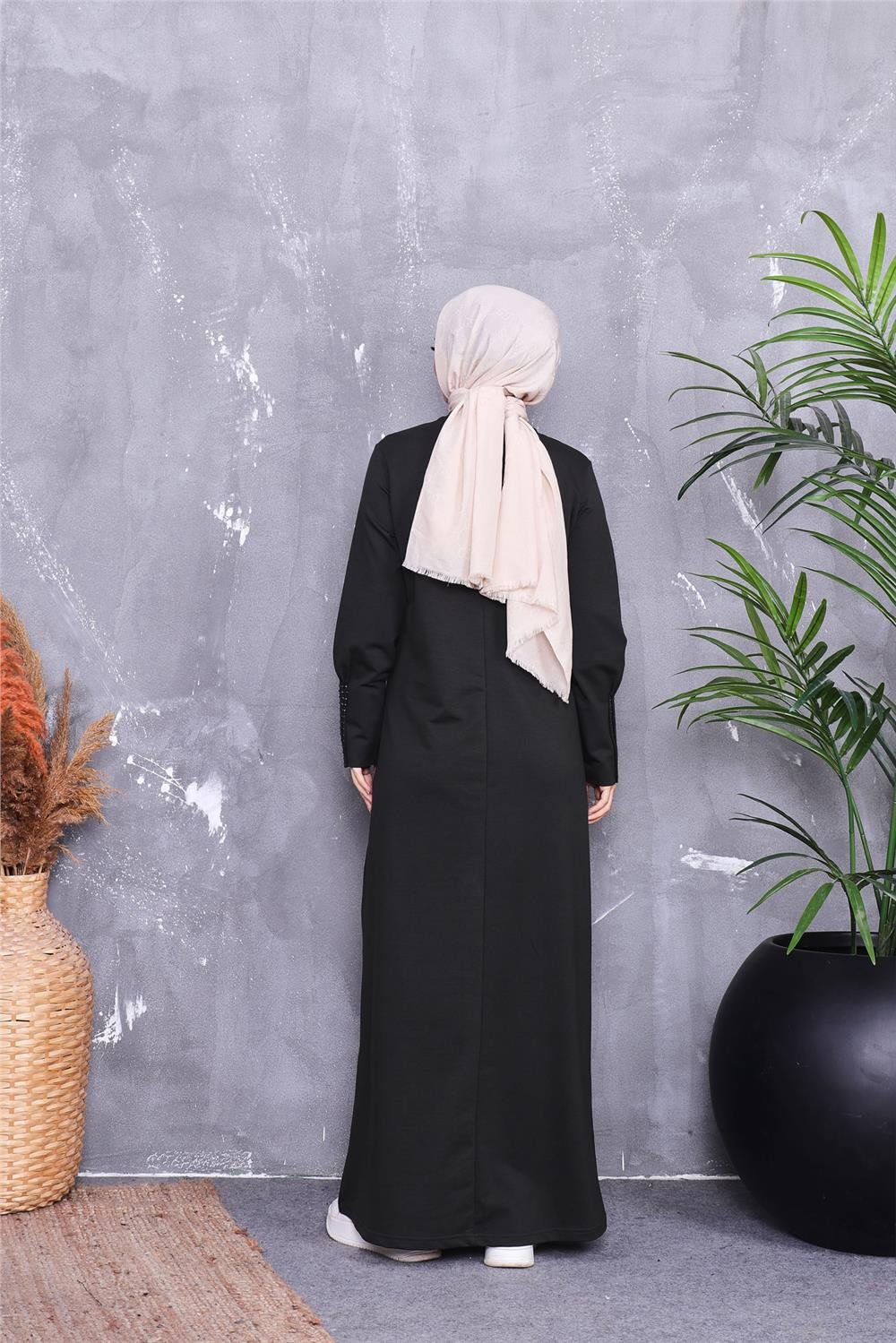 Kolları Taş Desenli Uzun Tesettür Elbise - 71186.005 - Haki