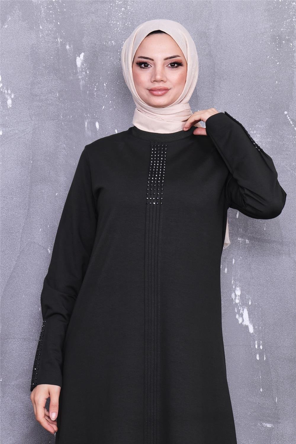 Kolları Taş Desenli Uzun Tesettür Elbise - 71186.005 - Haki