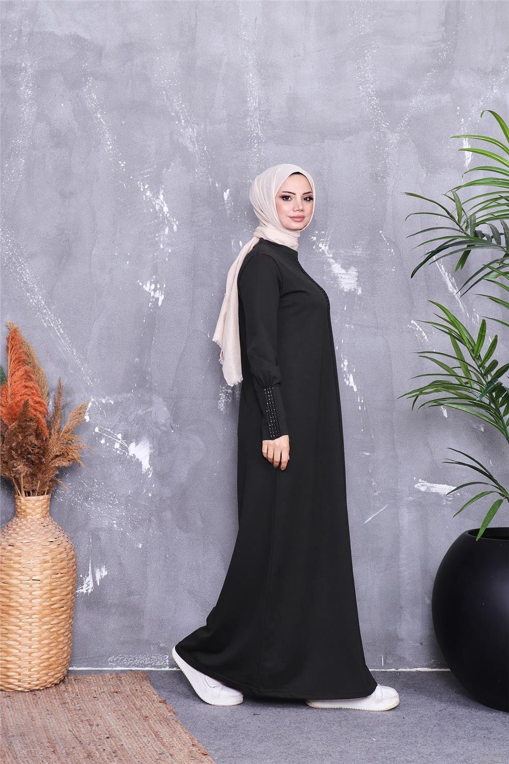 Kolları Taş Desenli Uzun Tesettür Elbise - 71186.005 - Haki