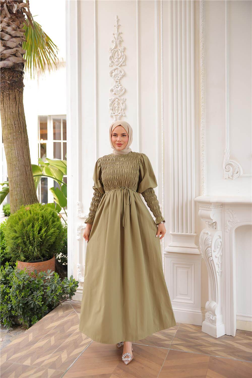 O Yaka Göğsü Büzgülü Belden Bağlamalı Kolları Lastikli Uzun elbise - (38-46) - 71272 - Haki