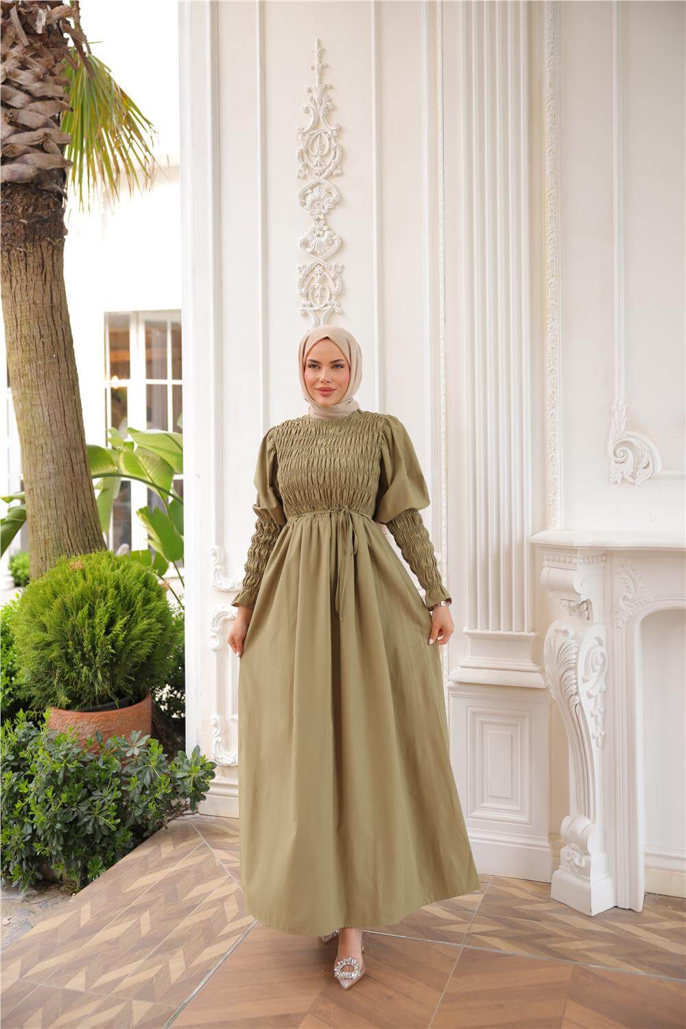 O Yaka Göğsü Büzgülü Belden Bağlamalı Kolları Lastikli Uzun elbise - (38-46) - 71272 - Haki