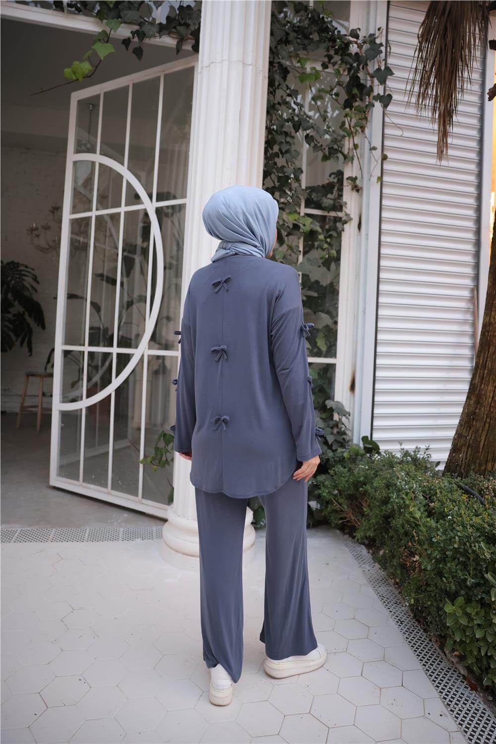 O Yaka Kolları Kurdela Detaylı İkili Tesettür Eşofman Takımı - 71251.006 - İndigo
