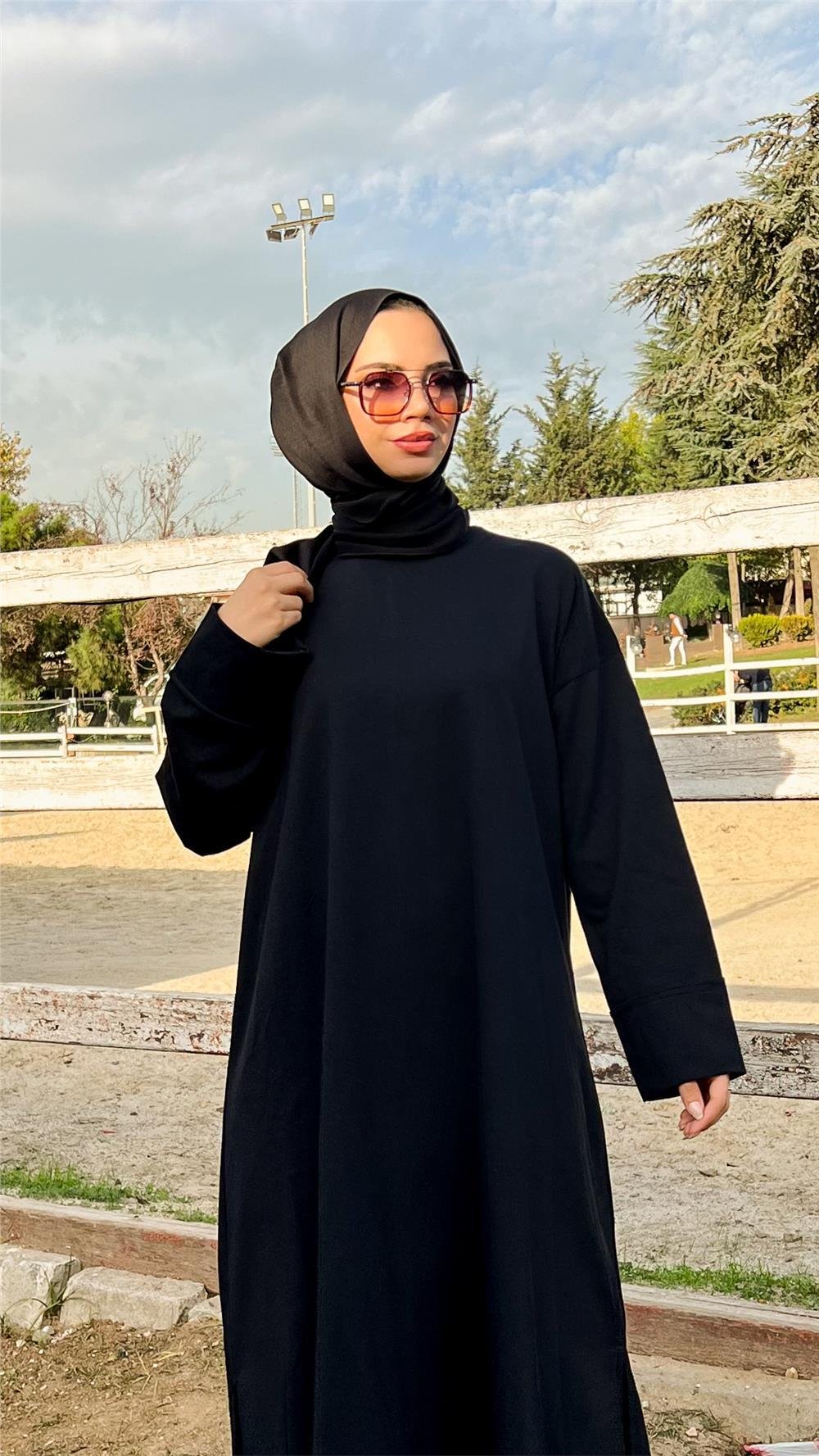 O Yaka Yırtmançlı Uzun Geniş Rahat Tunik Pantolon Sade Basic Spor Takımı - 3040 - Siyah