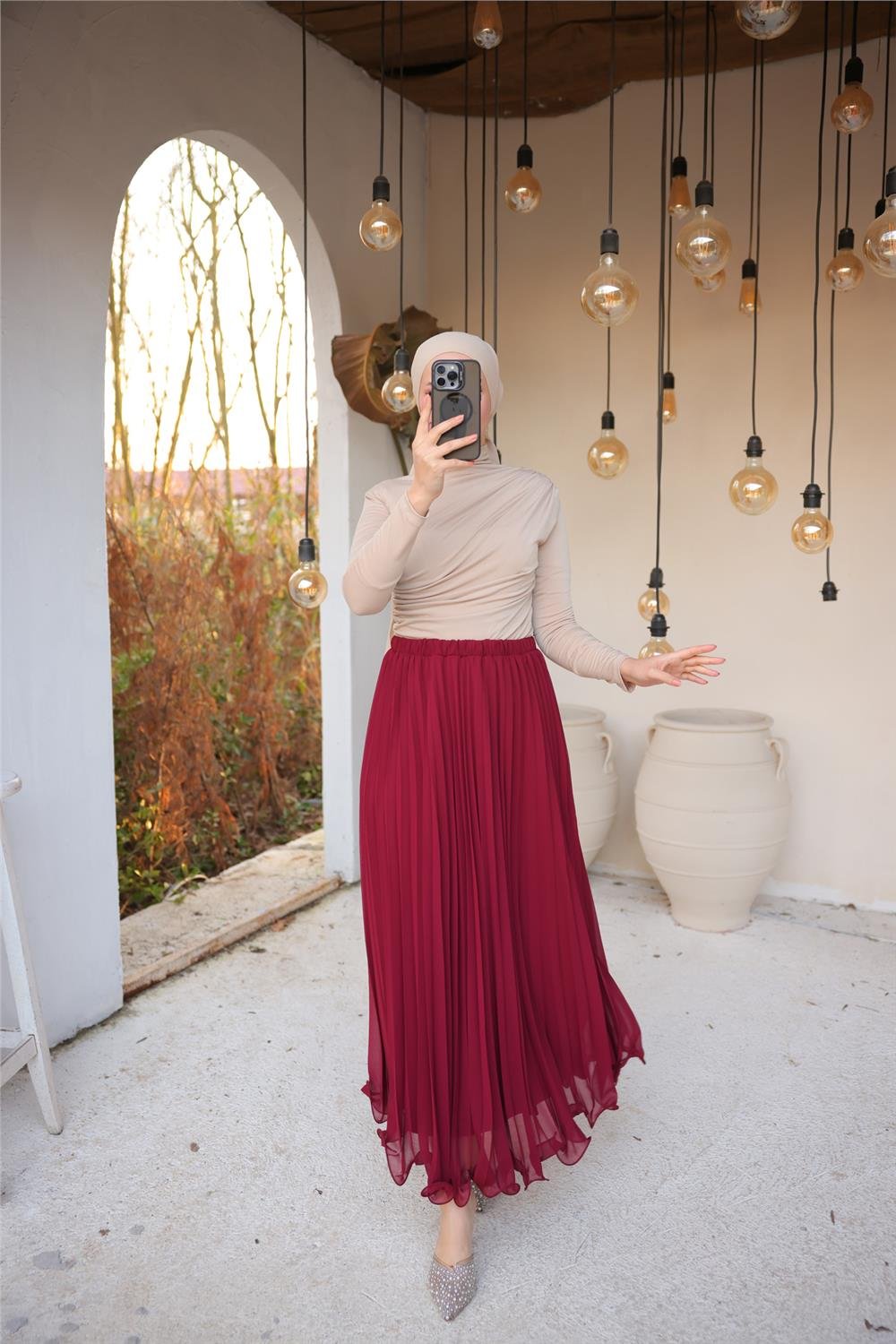 Pliseli Etek - (38-46) - 71262 - Bordo