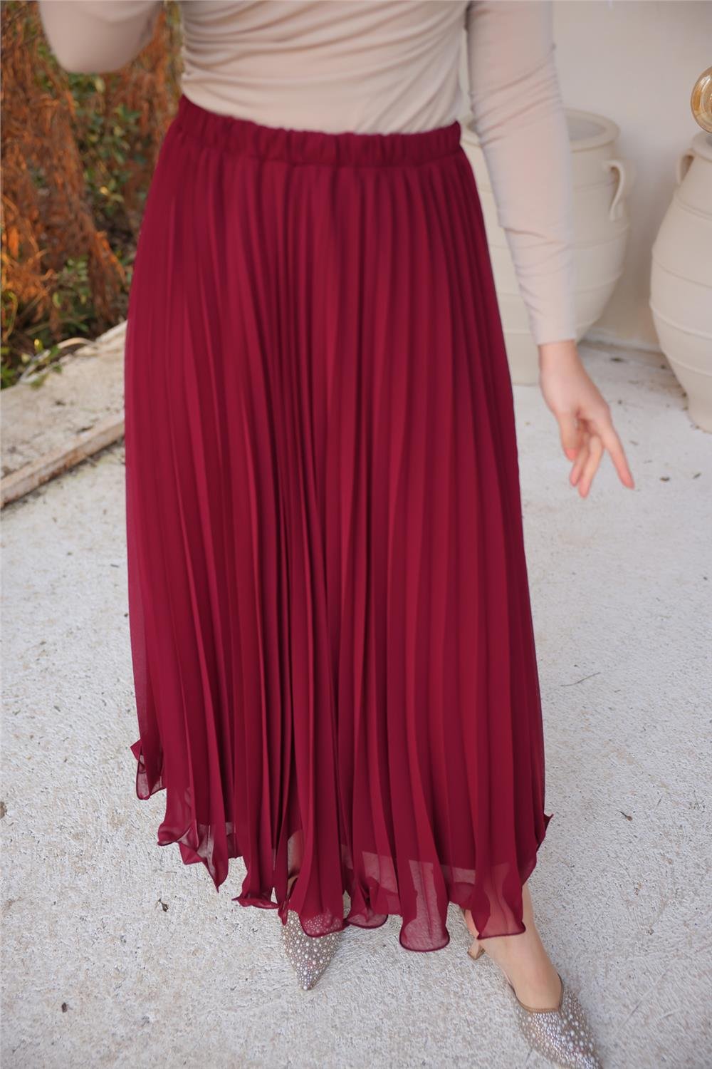 Pliseli Etek - (38-46) - 71262 - Bordo