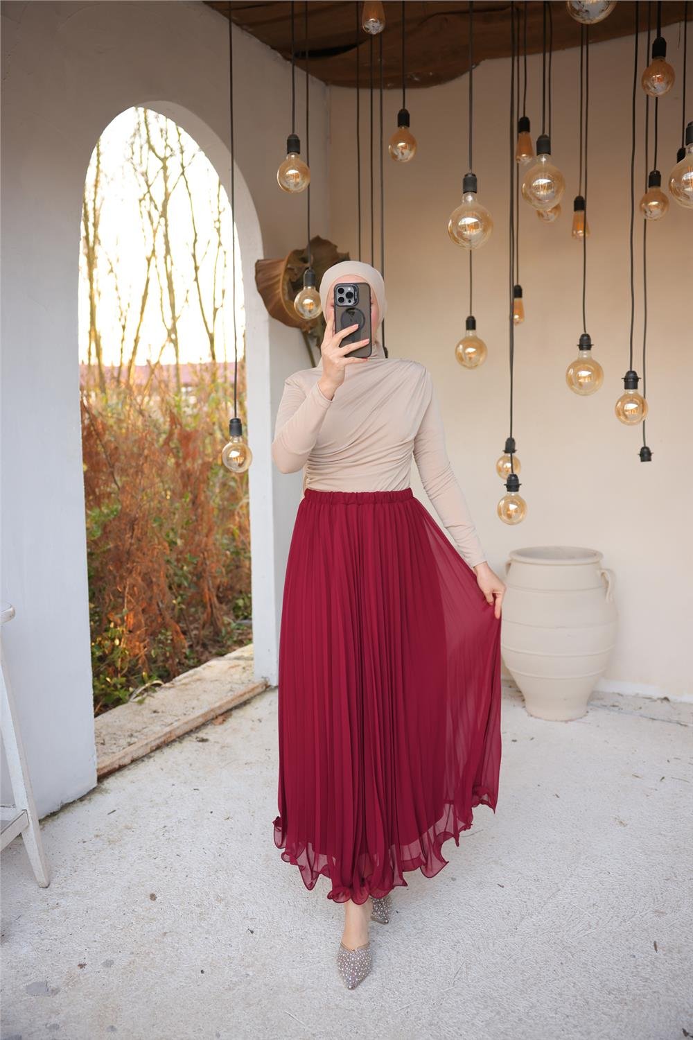 Pliseli Etek - (38-46) - 71262 - Bordo