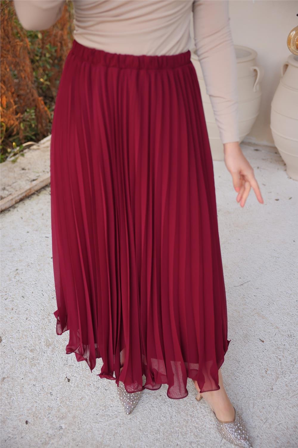 Pliseli Etek - (38-46) - 71262 - Bordo