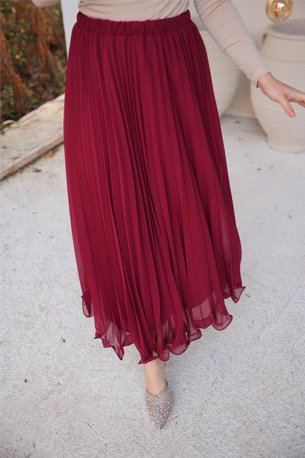 Pliseli Etek - (38-46) - 71262 - Bordo
