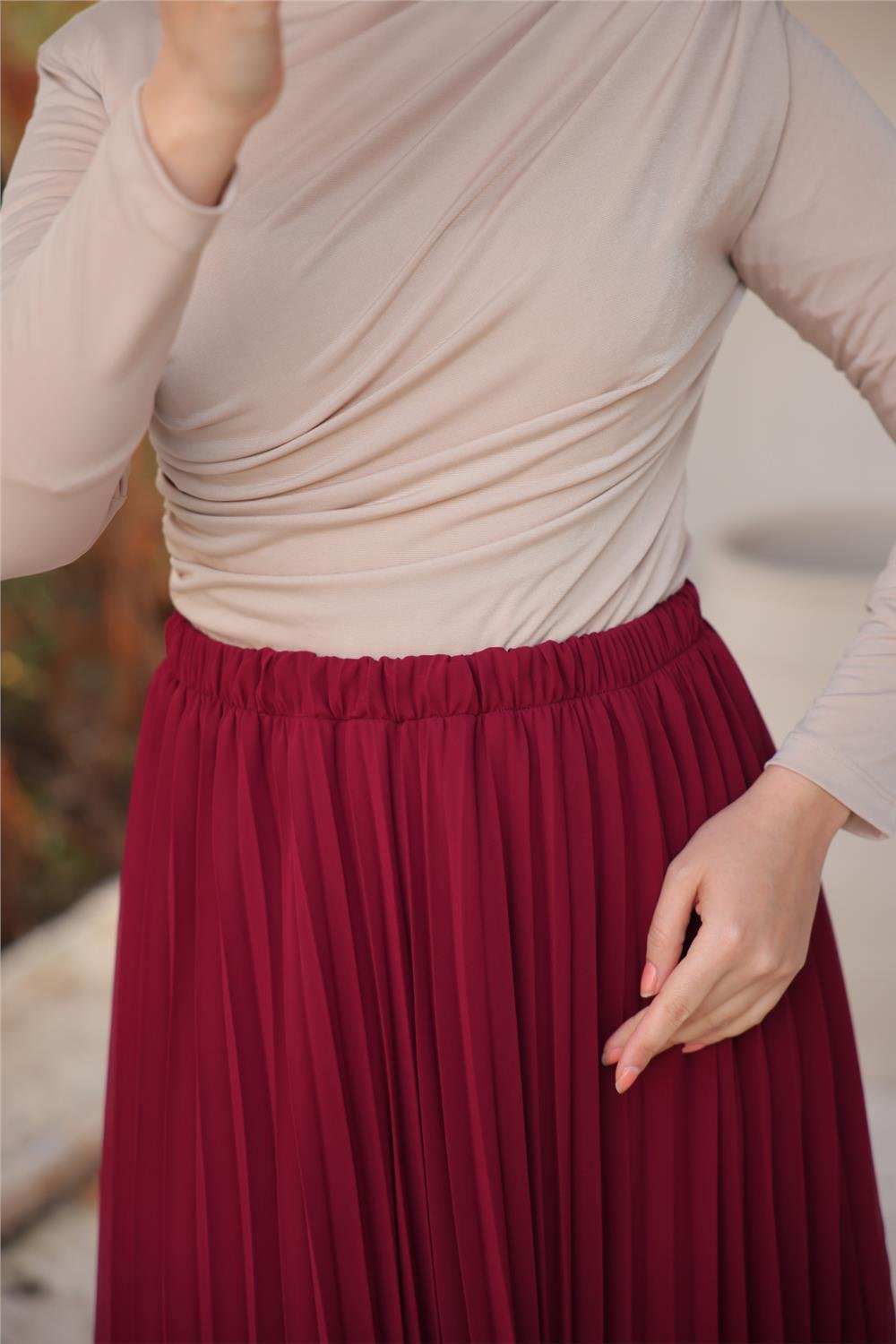 Pliseli Etek - (38-46) - 71262 - Bordo