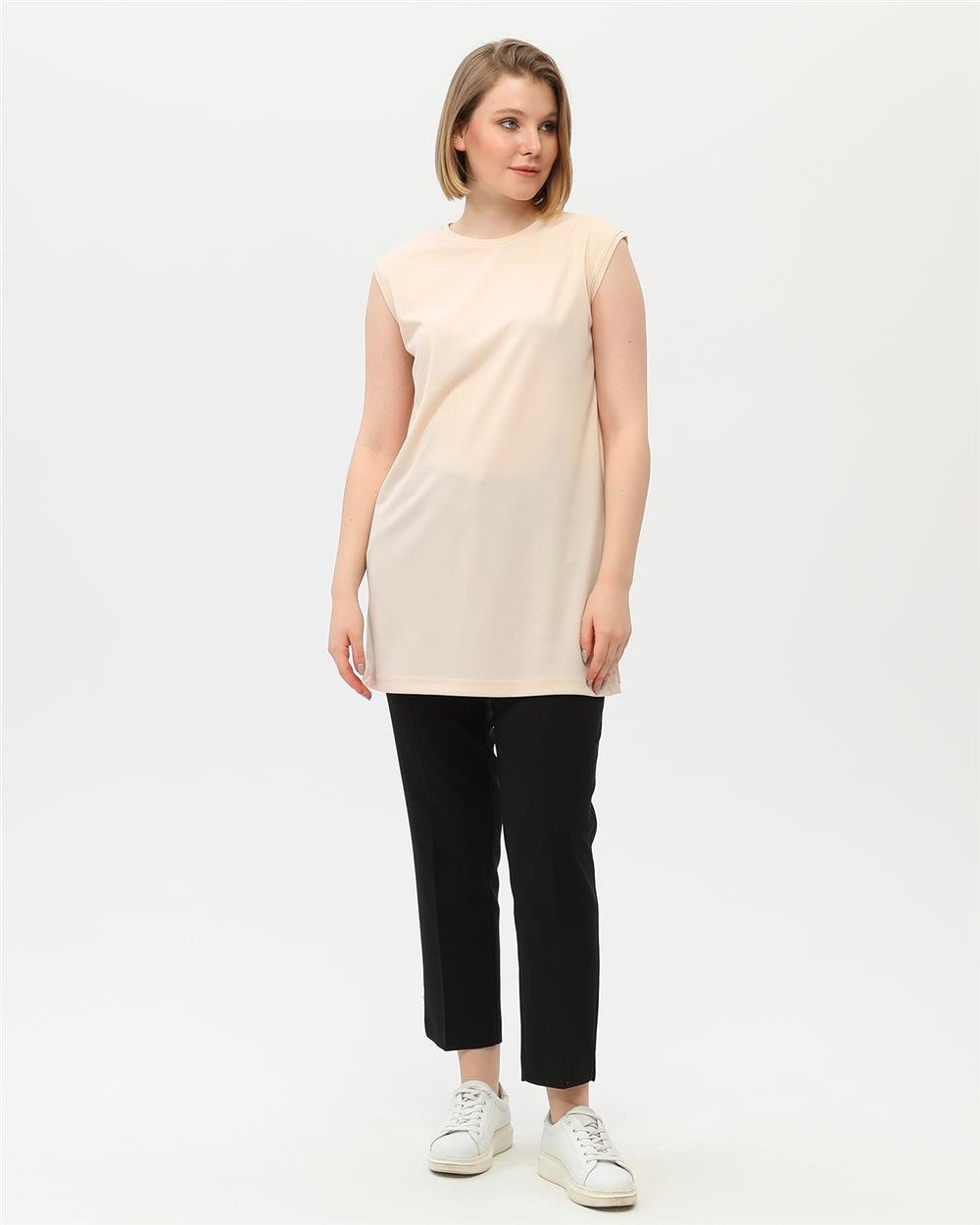 Sude Bisiklet Yaka Kolsuz Sade Basic Bluz - 6038 - Krem