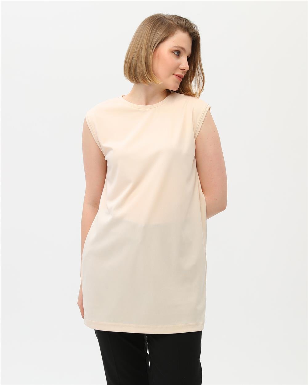 Sude Bisiklet Yaka Kolsuz Sade Basic Bluz - 6038 - Krem
