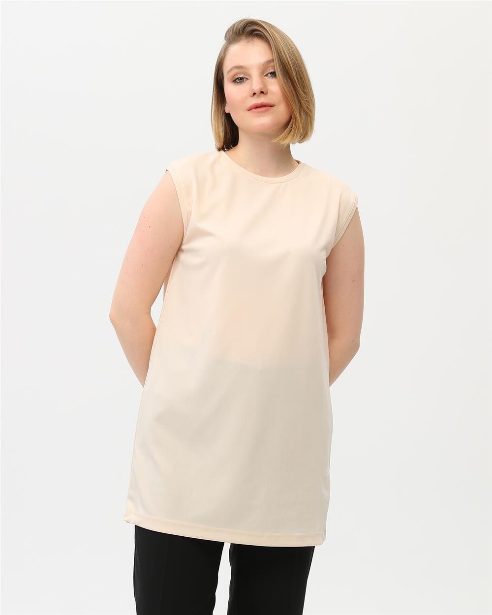 Sude Bisiklet Yaka Kolsuz Sade Basic Bluz - 6038 - Krem