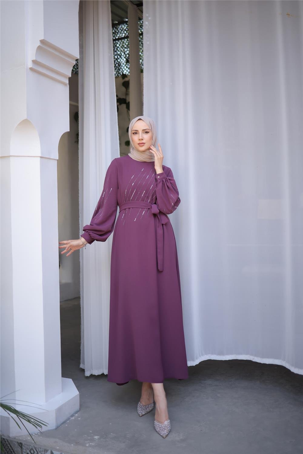 Taş Desenli Belden Bağlamalı Uzun Elbise - 71197.013 - Mor