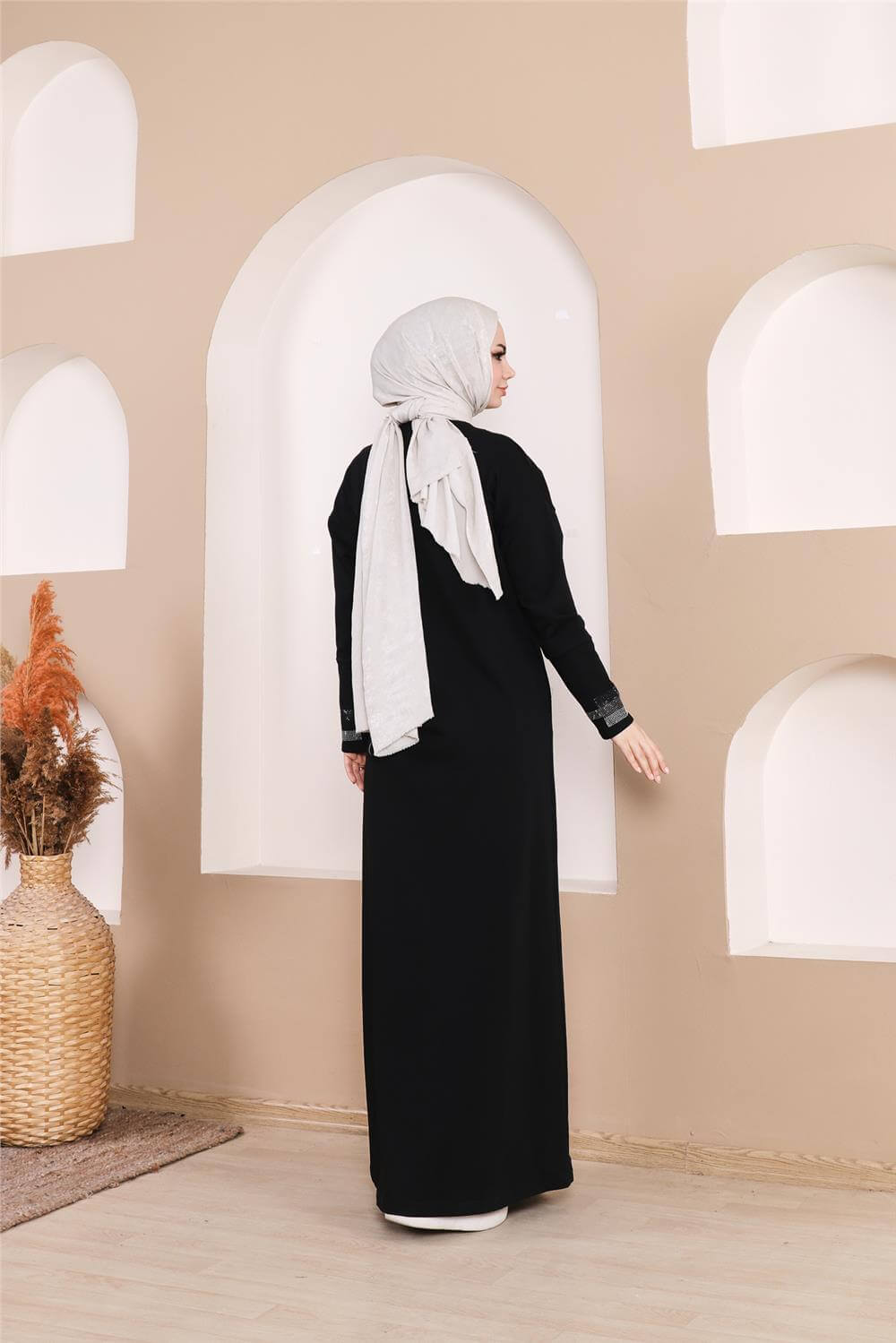 Taş Detaylı Fermuarlı Cepli Uzun Ferace - 71181.003 - Siyah