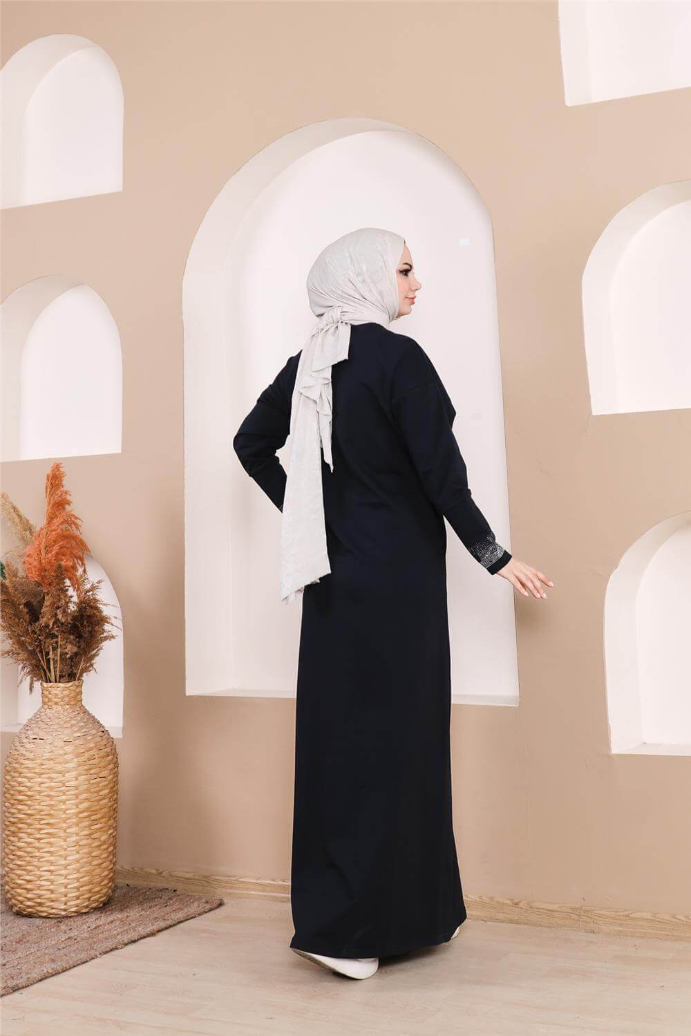 Taş Detaylı Fermuarlı Cepli Uzun Ferace - 71181.015 - Lacivert