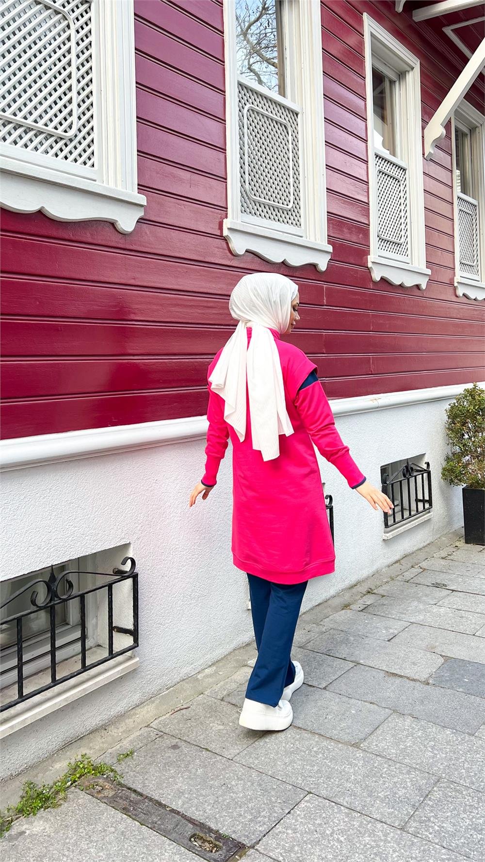 Tek Cepli Yarım Fermuarlı Sweat Pantolon İkili Tesettür Eşofman Takımı - 71178.025 - Fuşya