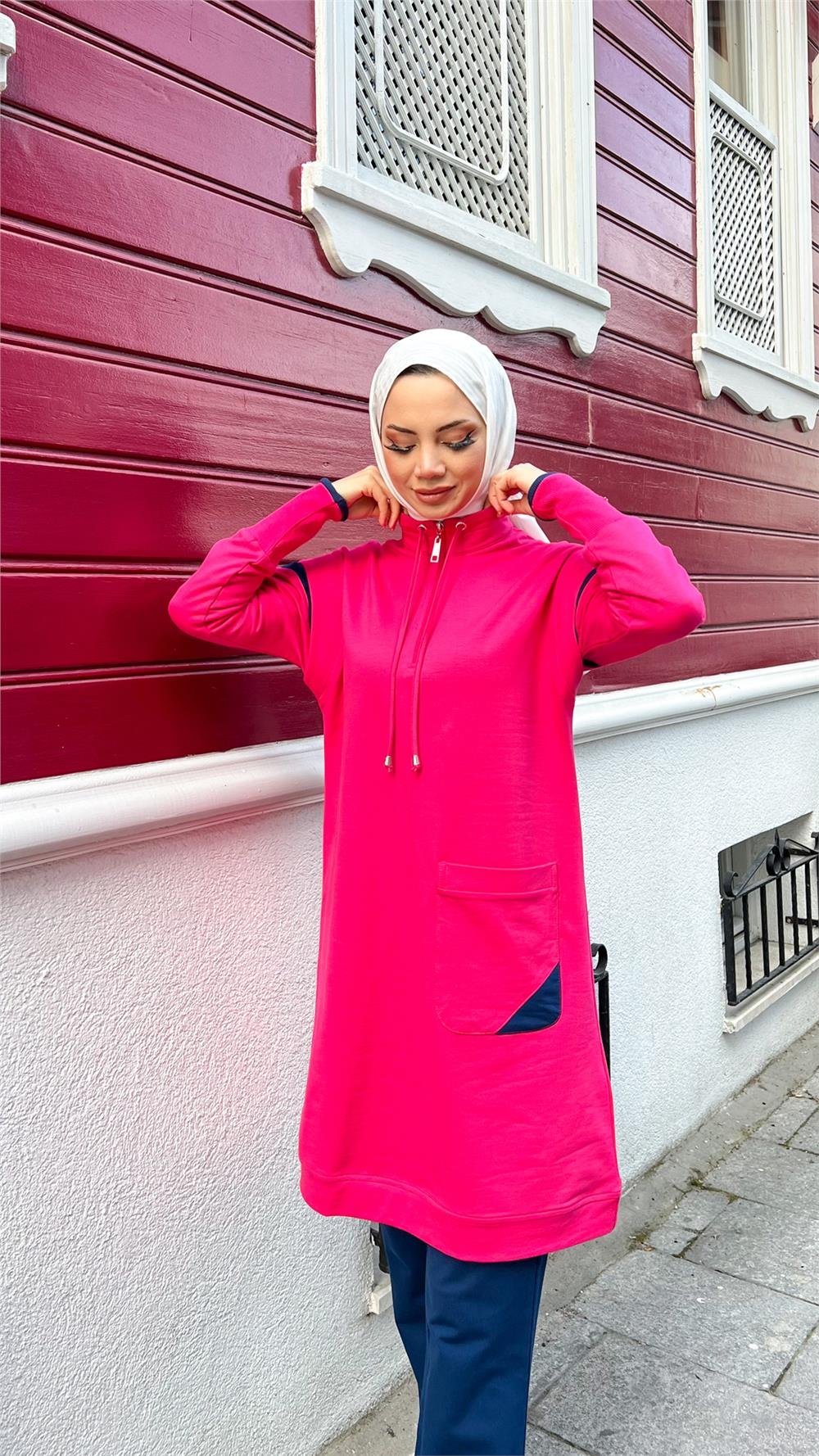 Tek Cepli Yarım Fermuarlı Sweat Pantolon İkili Tesettür Eşofman Takımı - 71178.025 - Fuşya