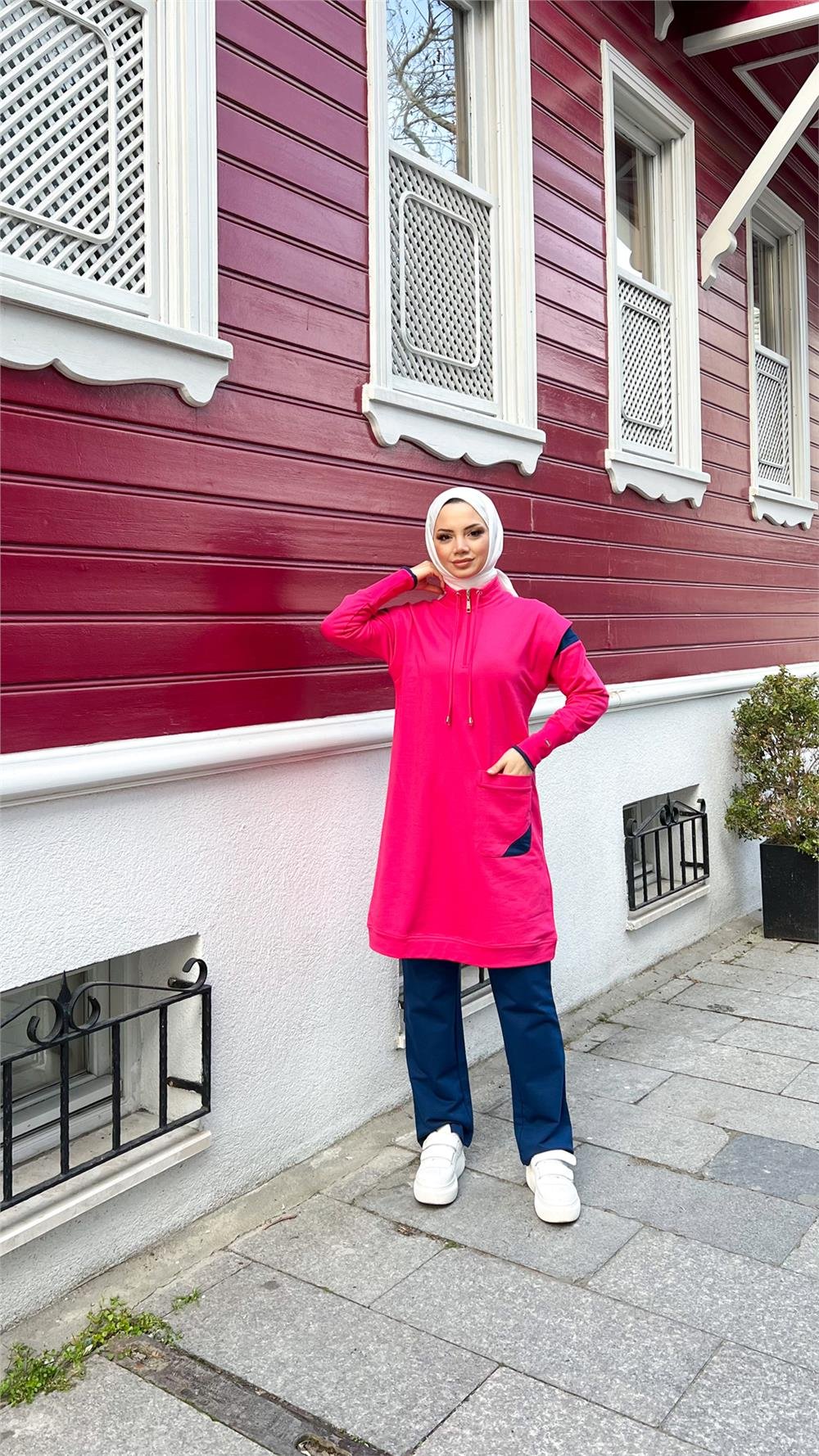 Tek Cepli Yarım Fermuarlı Sweat Pantolon İkili Tesettür Eşofman Takımı - 71178.025 - Fuşya