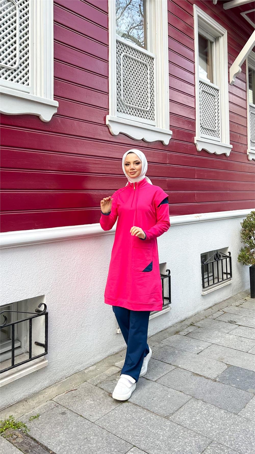 Tek Cepli Yarım Fermuarlı Sweat Pantolon İkili Tesettür Eşofman Takımı - 71178.025 - Fuşya