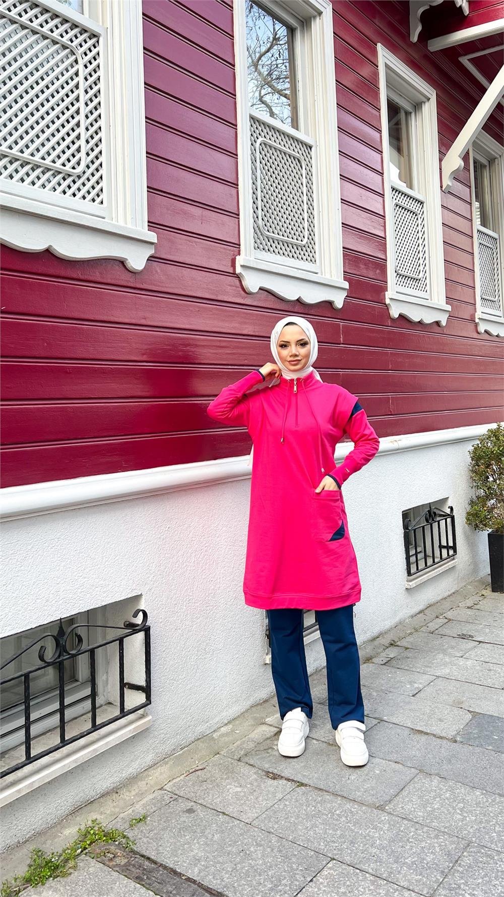 Tek Cepli Yarım Fermuarlı Sweat Pantolon İkili Tesettür Eşofman Takımı - 71178.025 - Fuşya