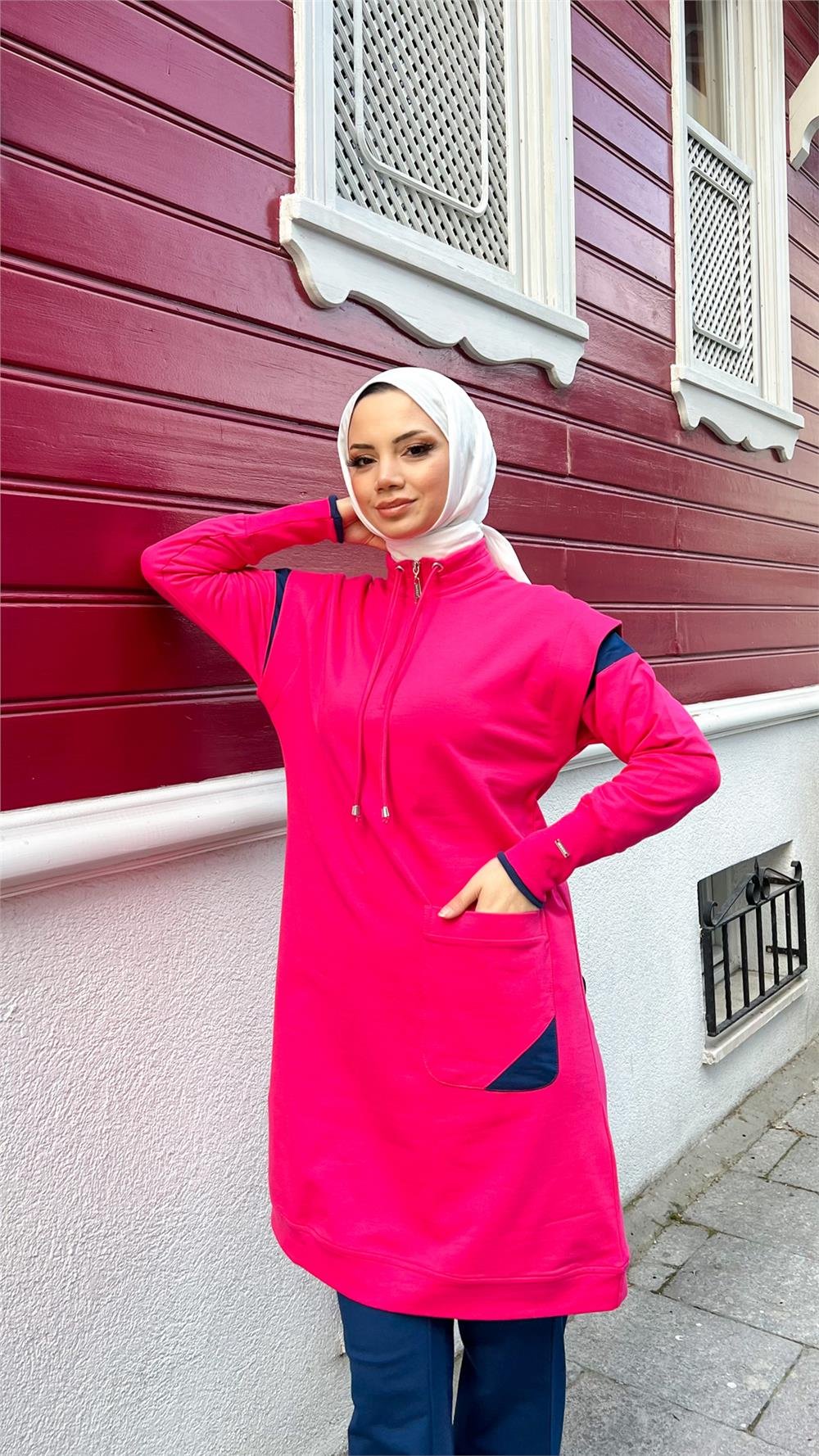 Tek Cepli Yarım Fermuarlı Sweat Pantolon İkili Tesettür Eşofman Takımı - 71178.025 - Fuşya